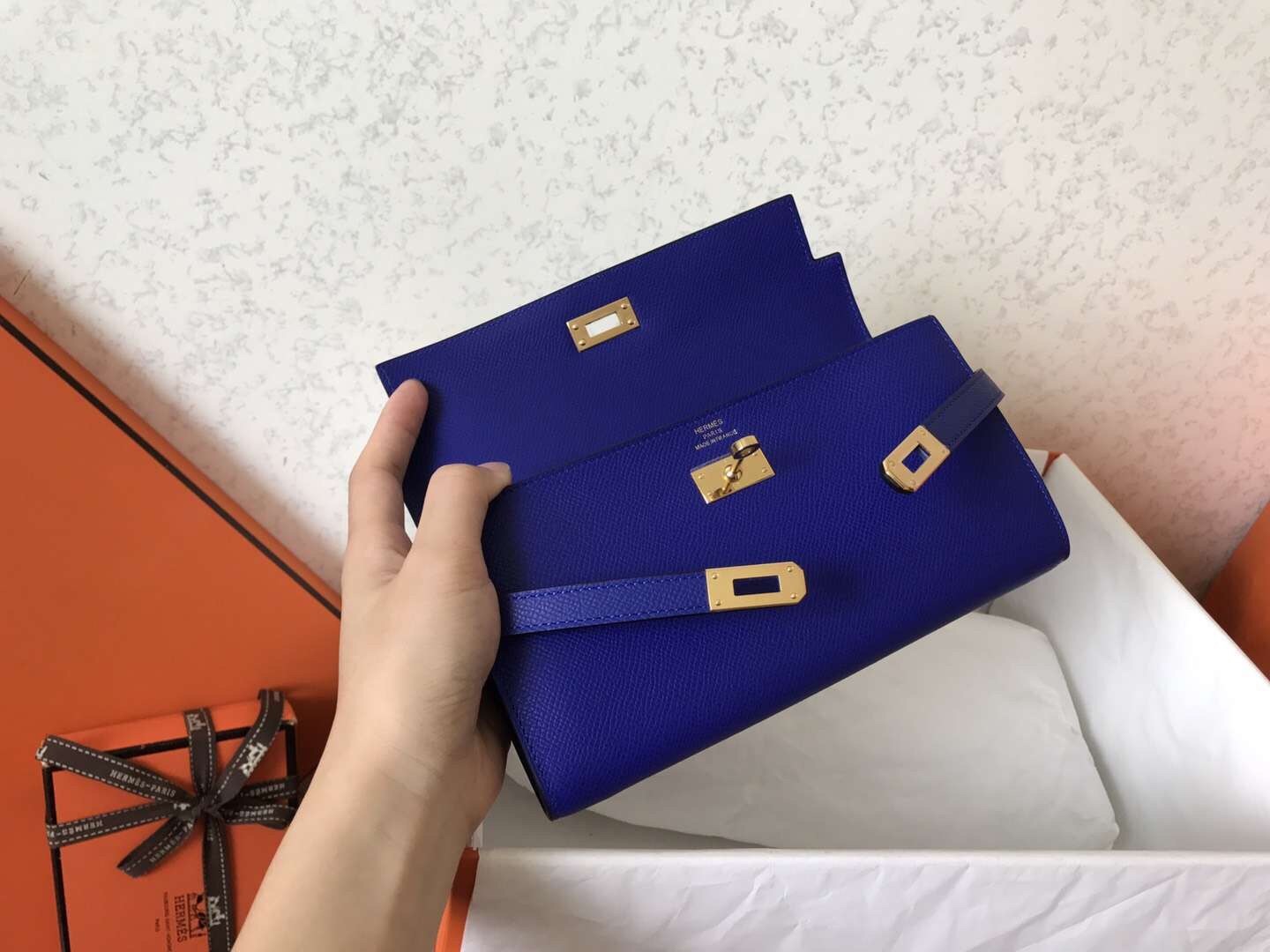 H**mes kelly classic long wallet in blue electric epsom leather