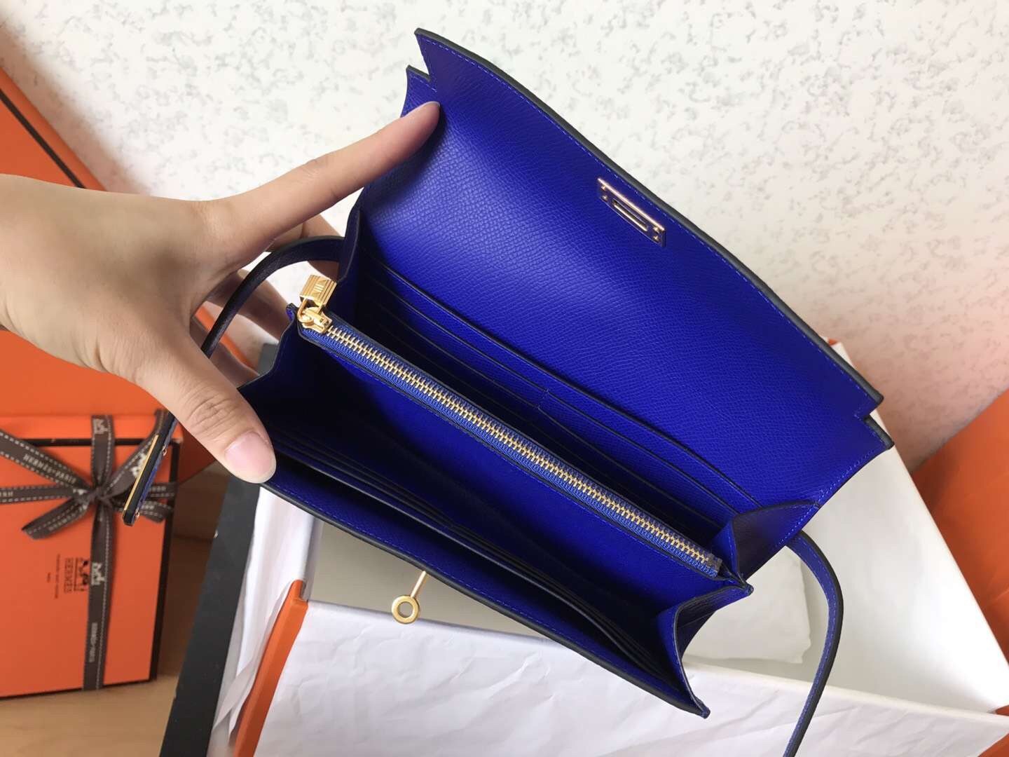 H**mes kelly classic long wallet in blue electric epsom leather