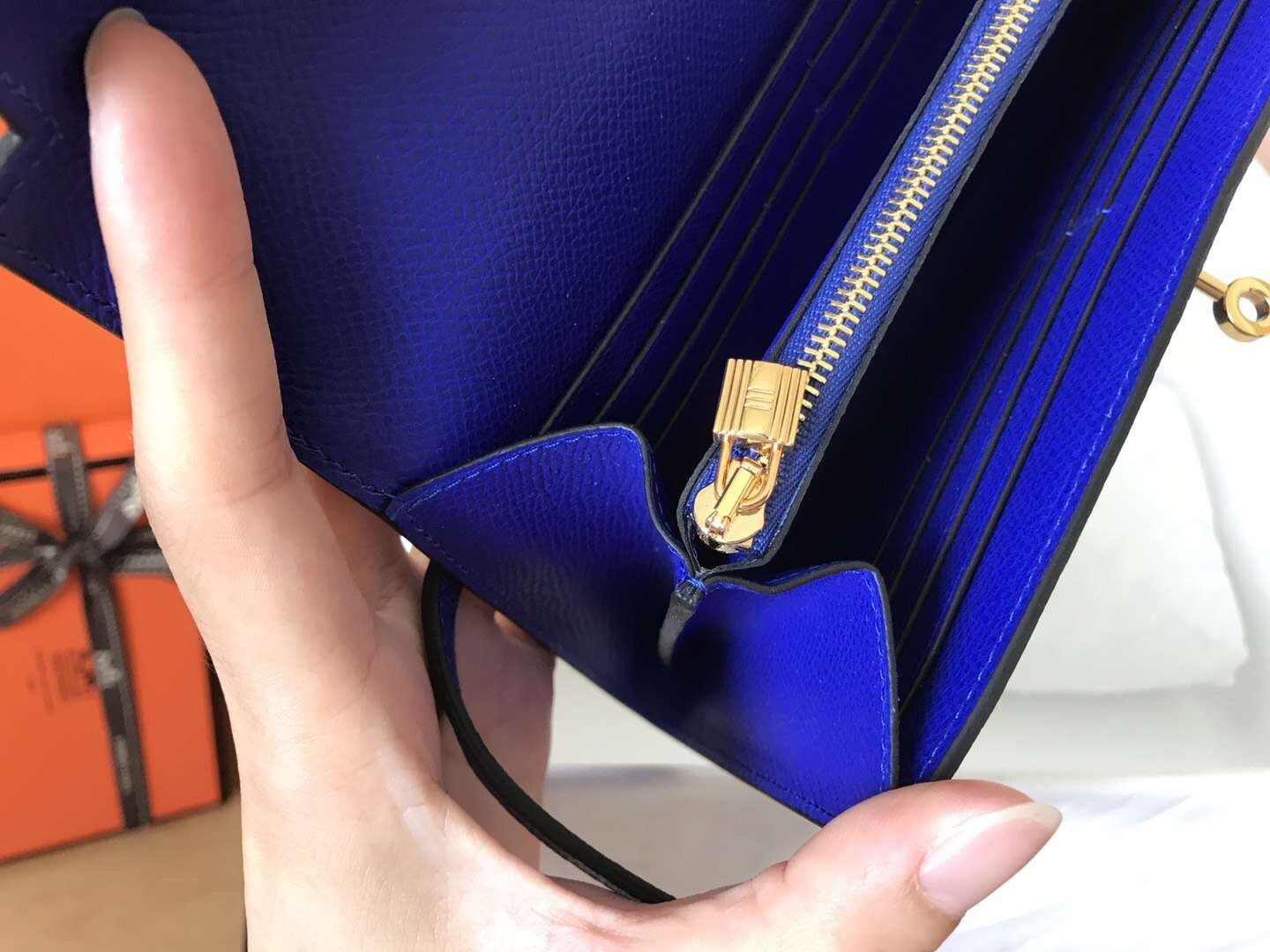 H**mes kelly classic long wallet in blue electric epsom leather