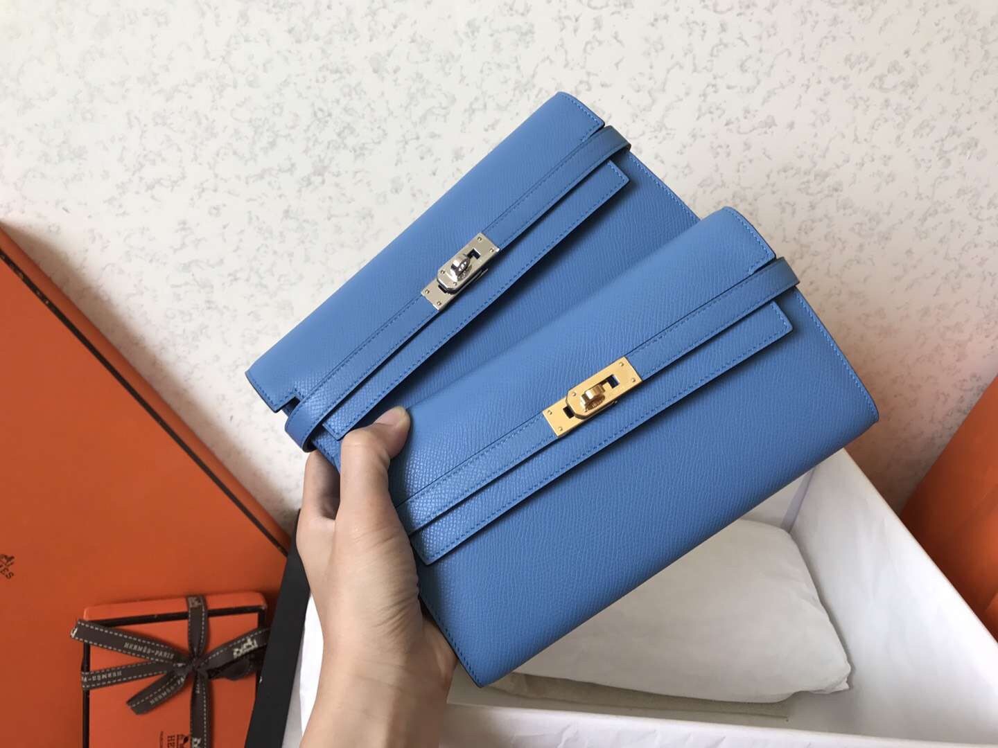 H**mes kelly classic long wallet in blue jean epsom leather