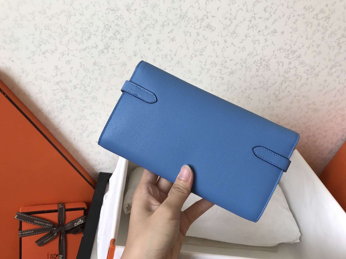 H**mes kelly classic long wallet in blue jean epsom leather