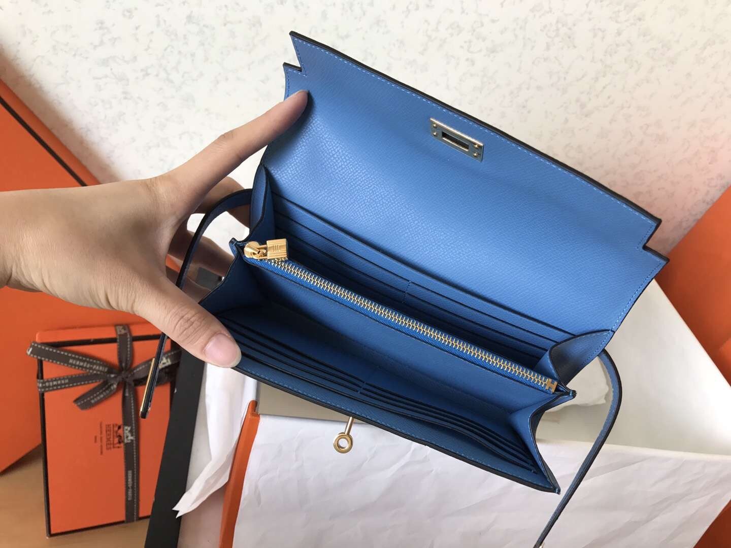 H**mes kelly classic long wallet in blue jean epsom leather