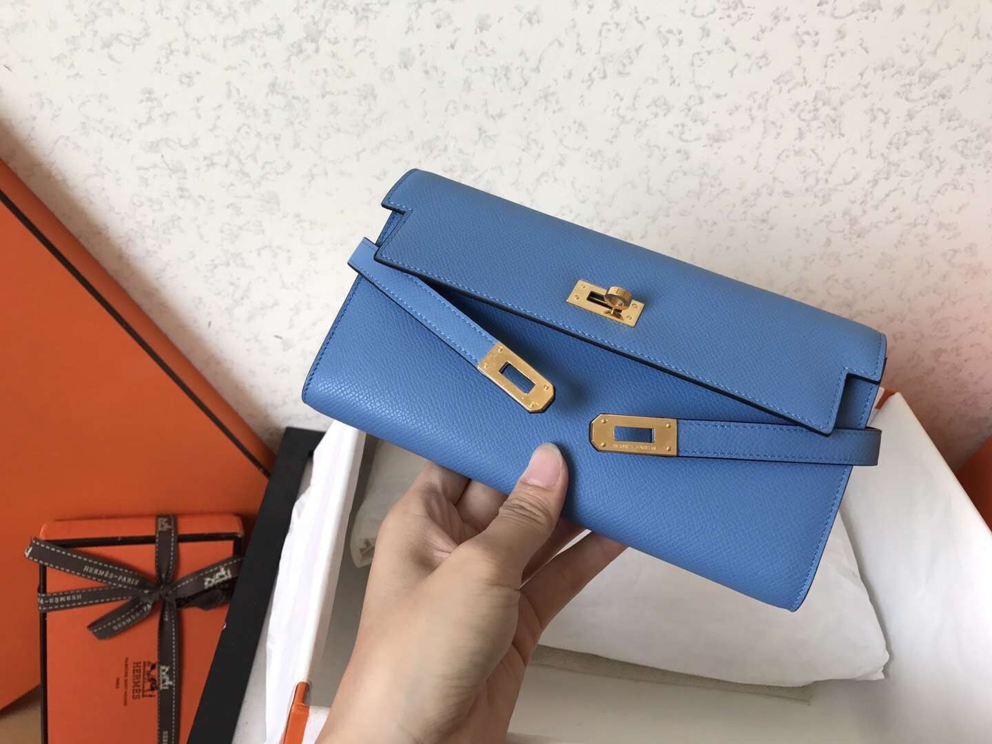 H**mes kelly classic long wallet in blue jean epsom leather