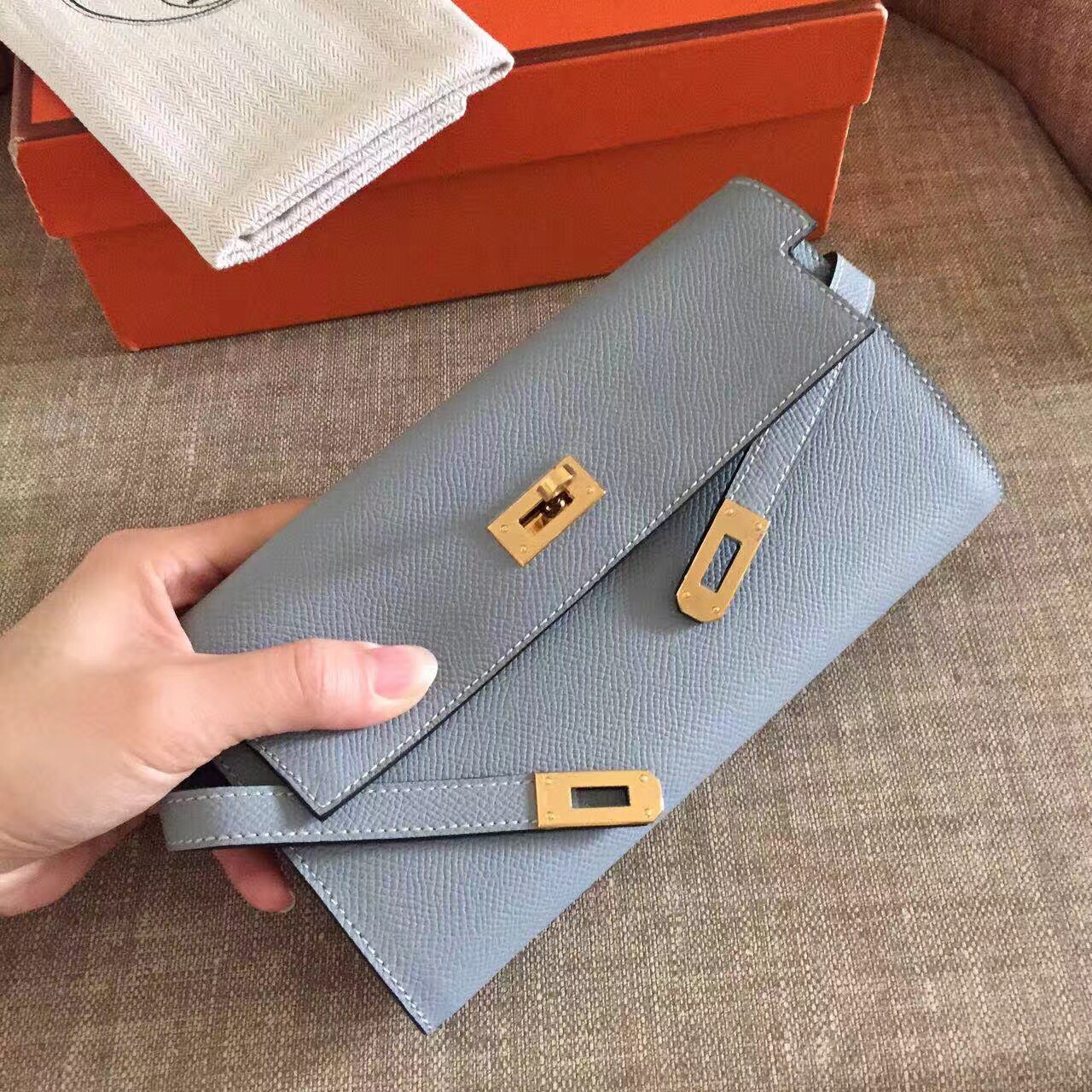 H**mes kelly classic long wallet in ciel epsom leather