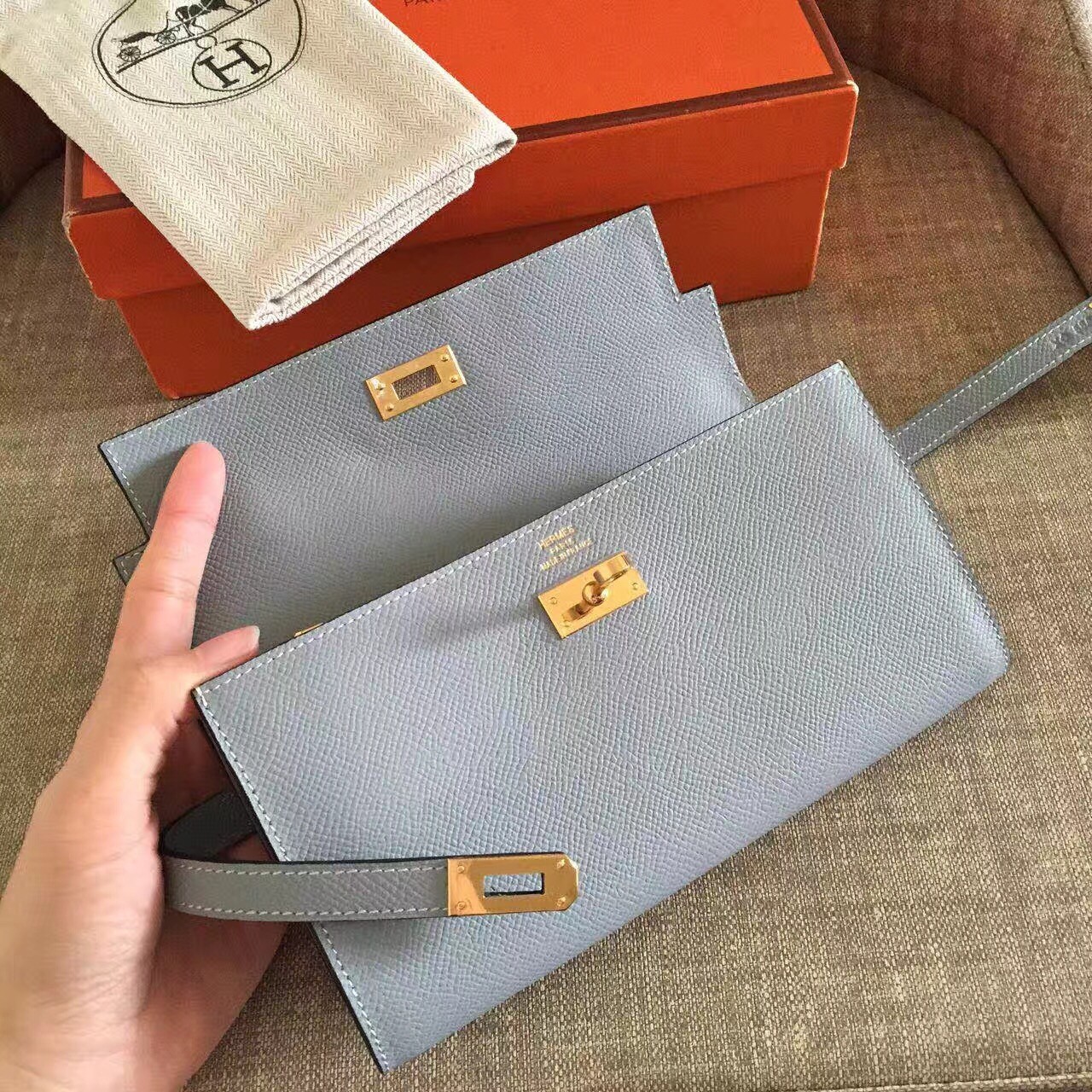 H**mes kelly classic long wallet in ciel epsom leather