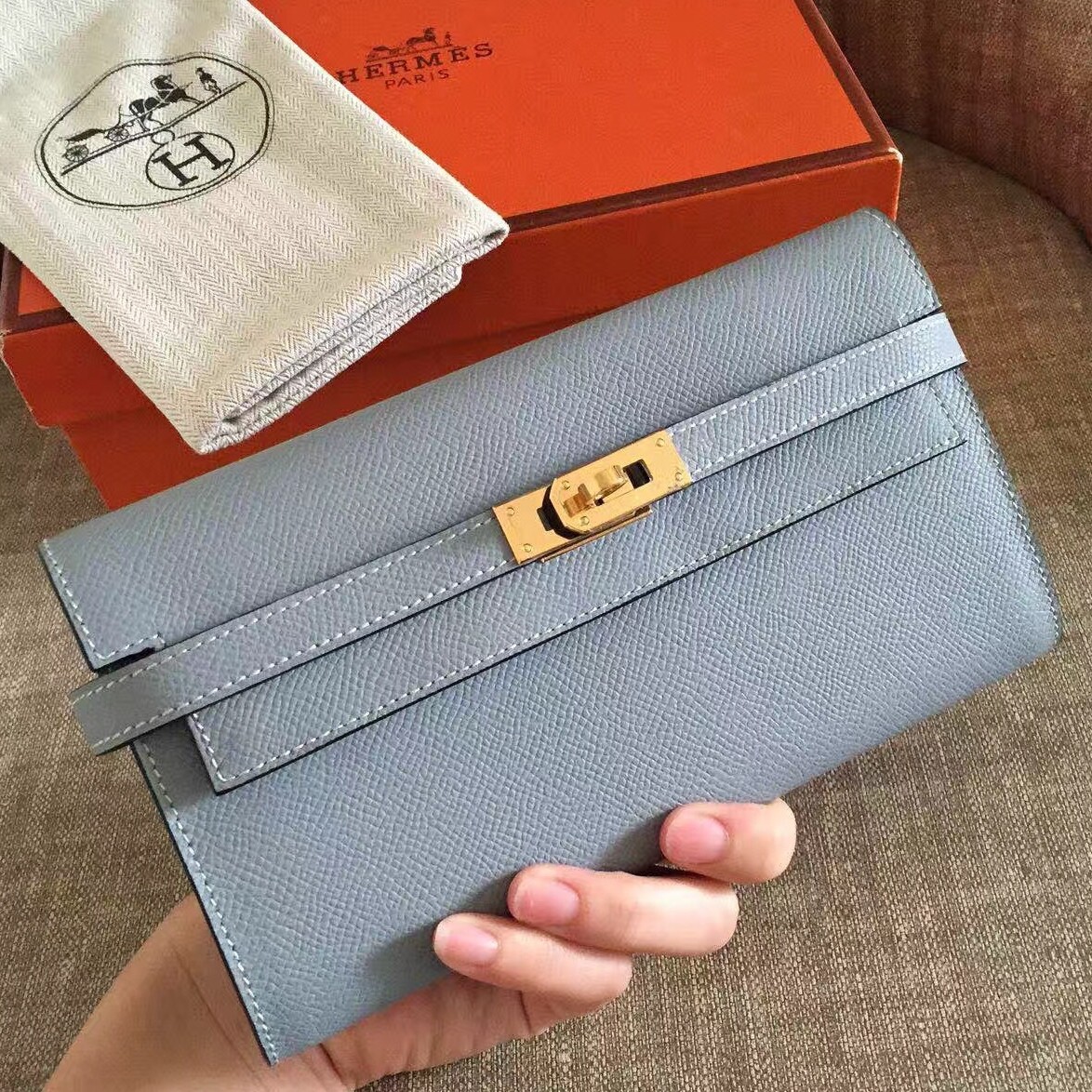 H**mes kelly classic long wallet in ciel epsom leather