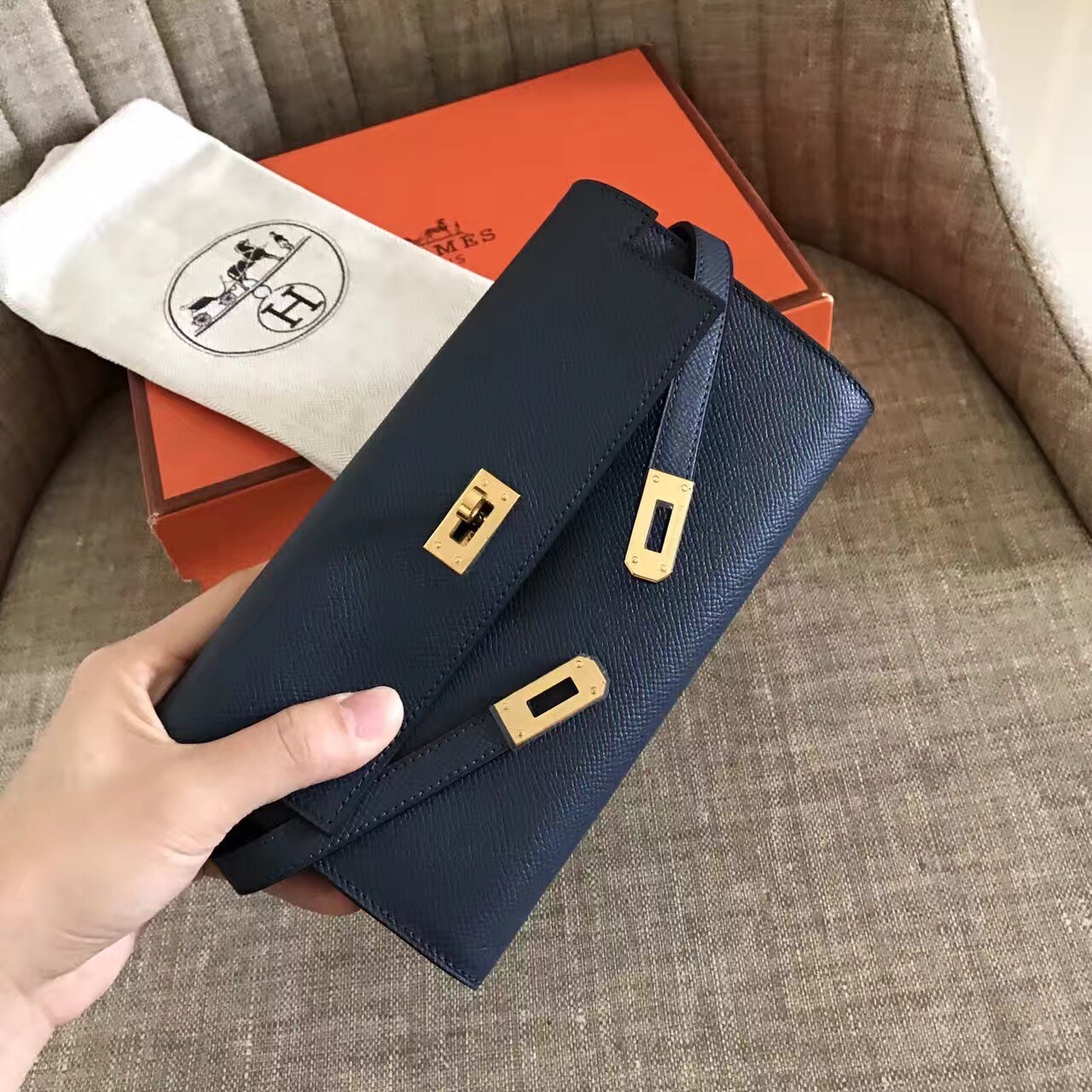H**mes kelly classic long wallet in navy epsom leather