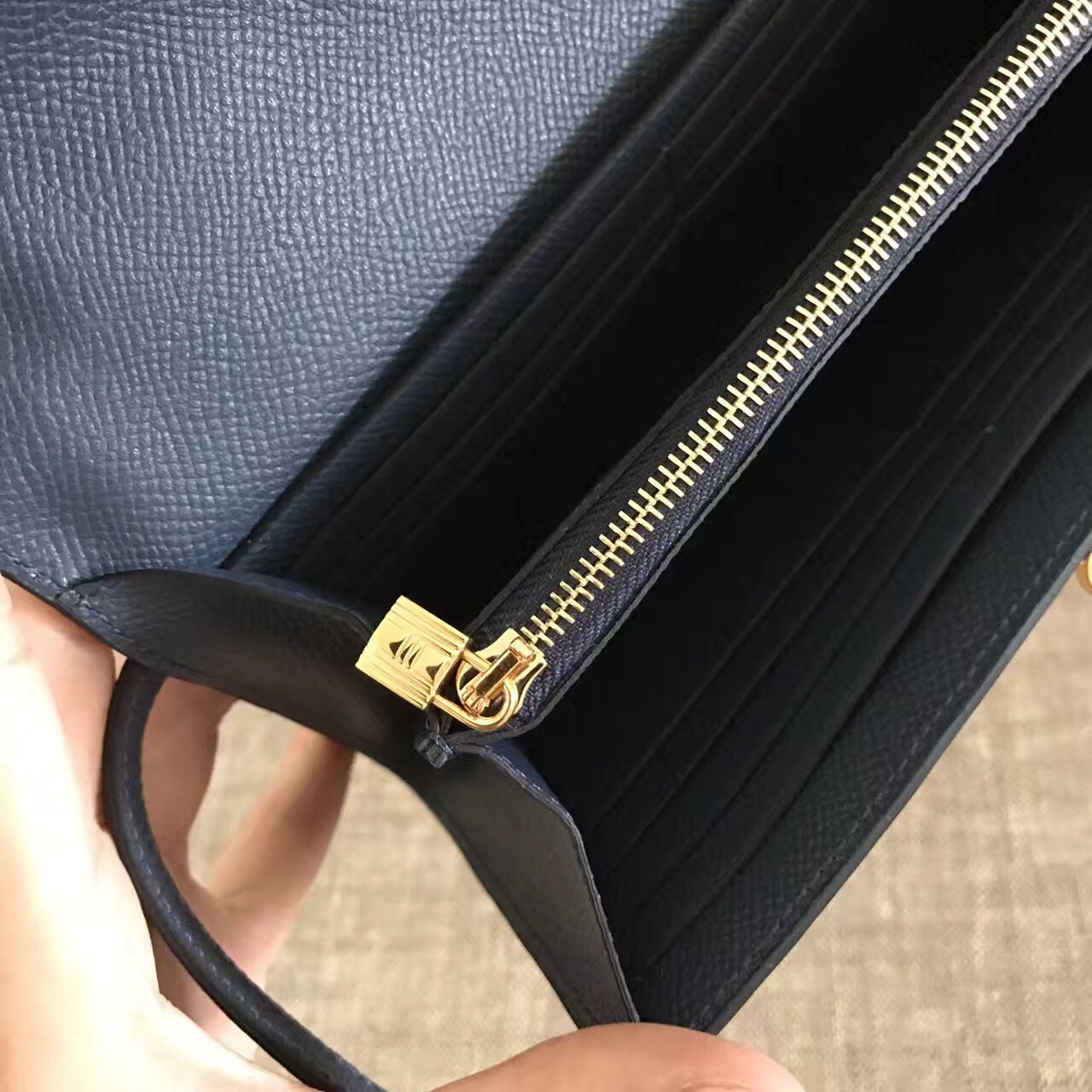 H**mes kelly classic long wallet in navy epsom leather