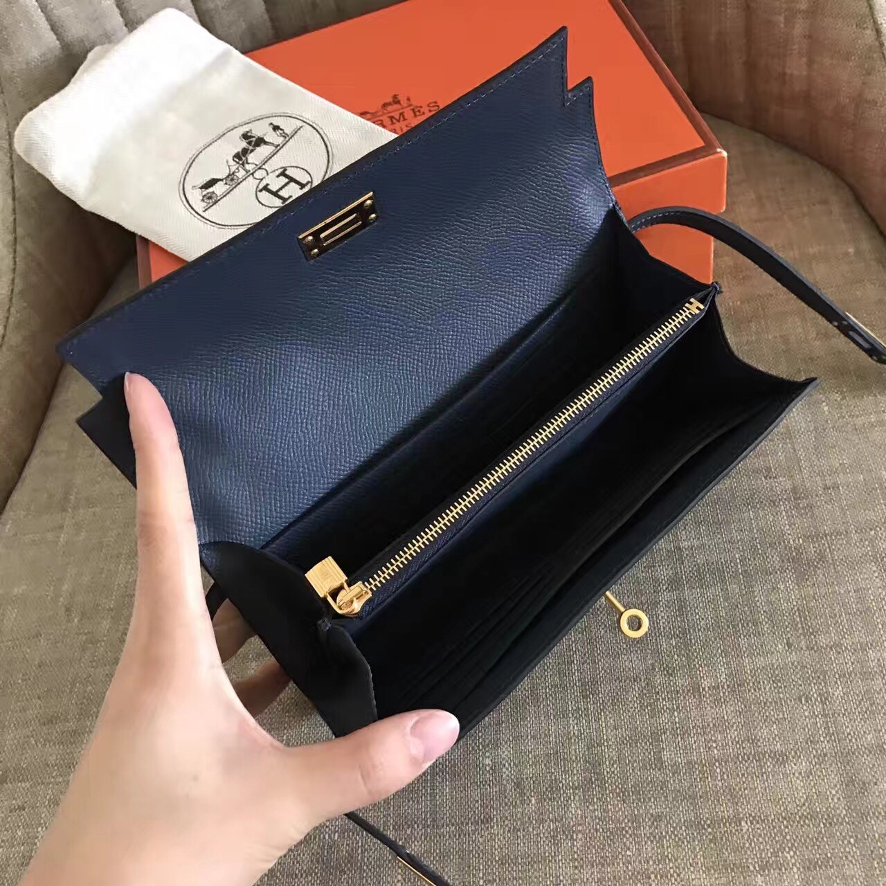 H**mes kelly classic long wallet in navy epsom leather