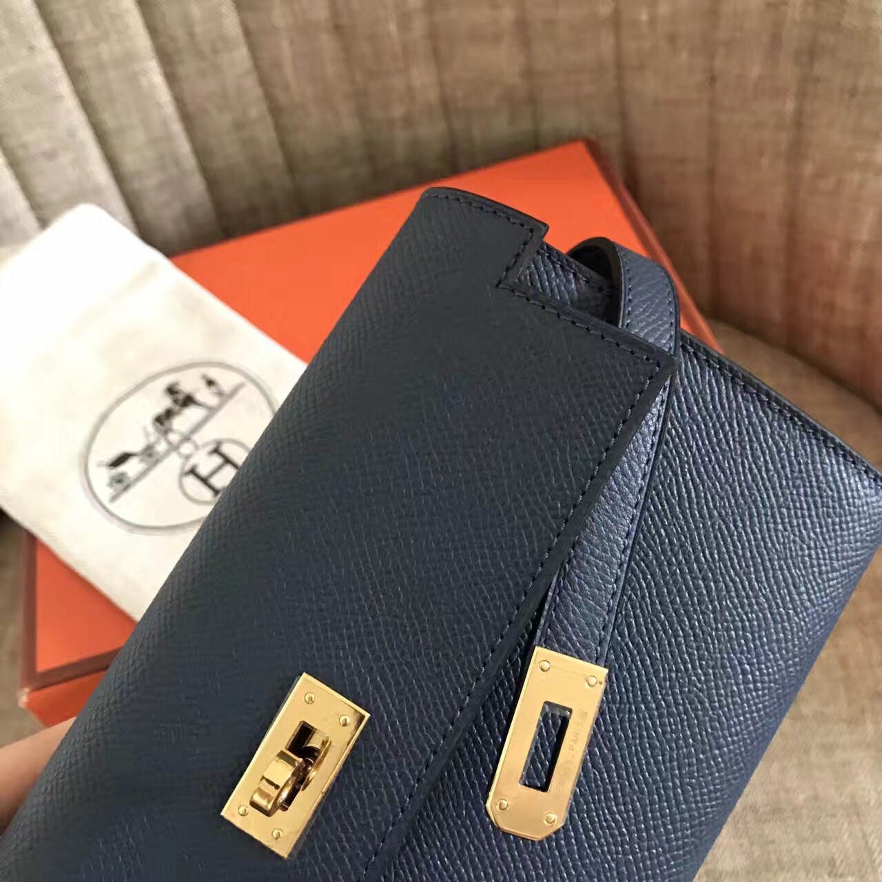 H**mes kelly classic long wallet in navy epsom leather