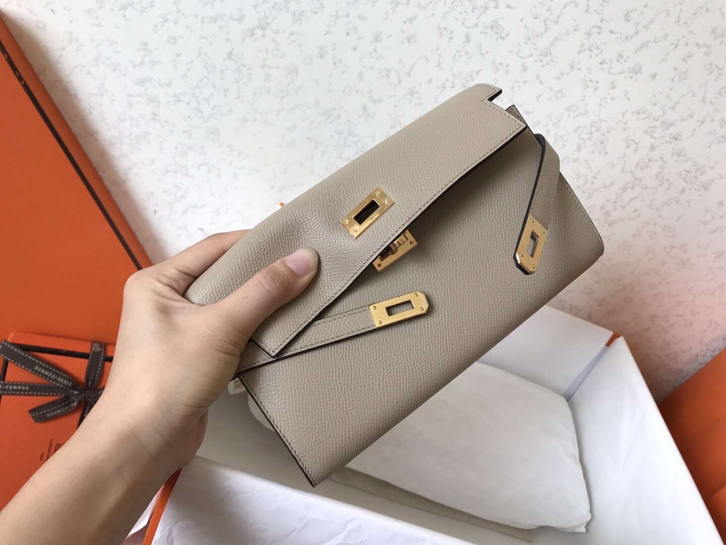 H**mes kelly classic long wallet in grey epsom leather