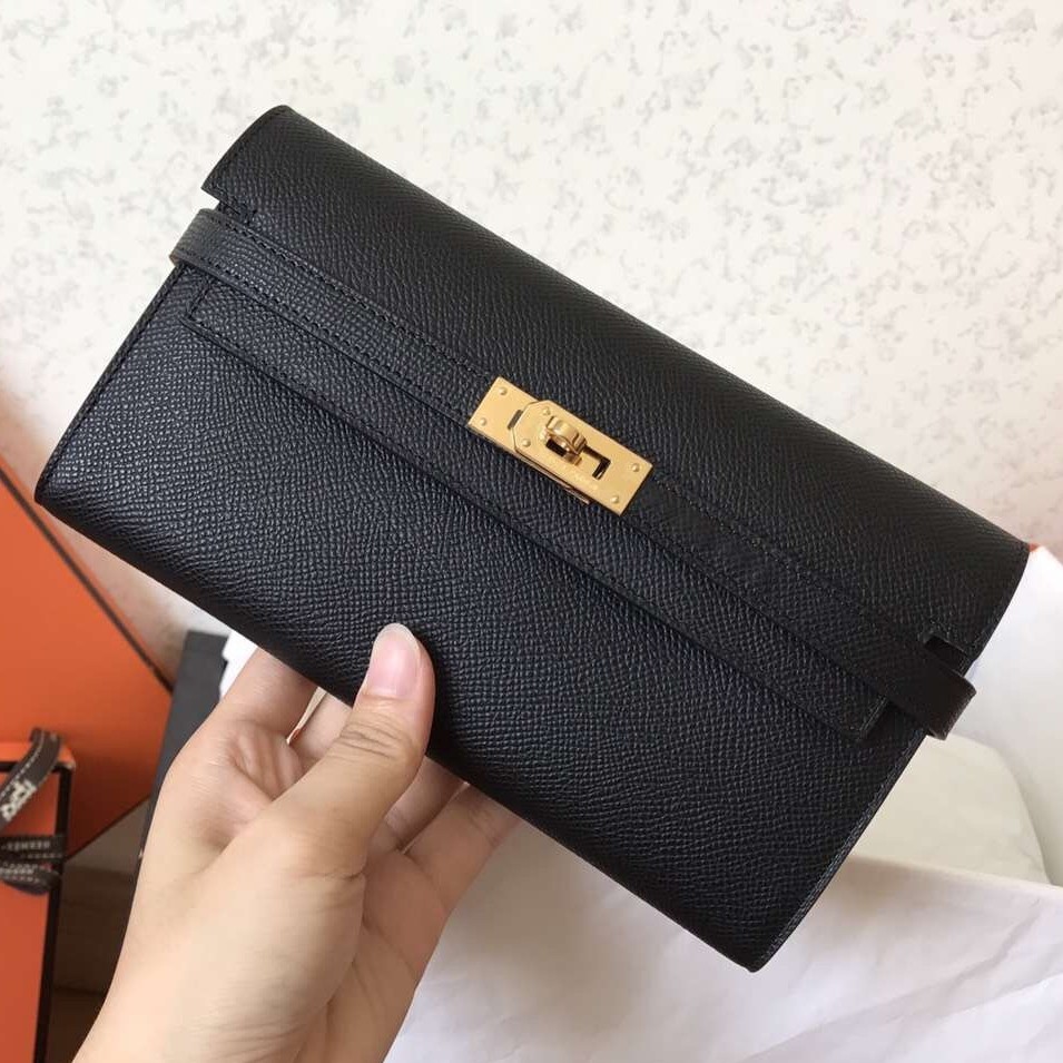 H**mes kelly classic long wallet in black epsom leather