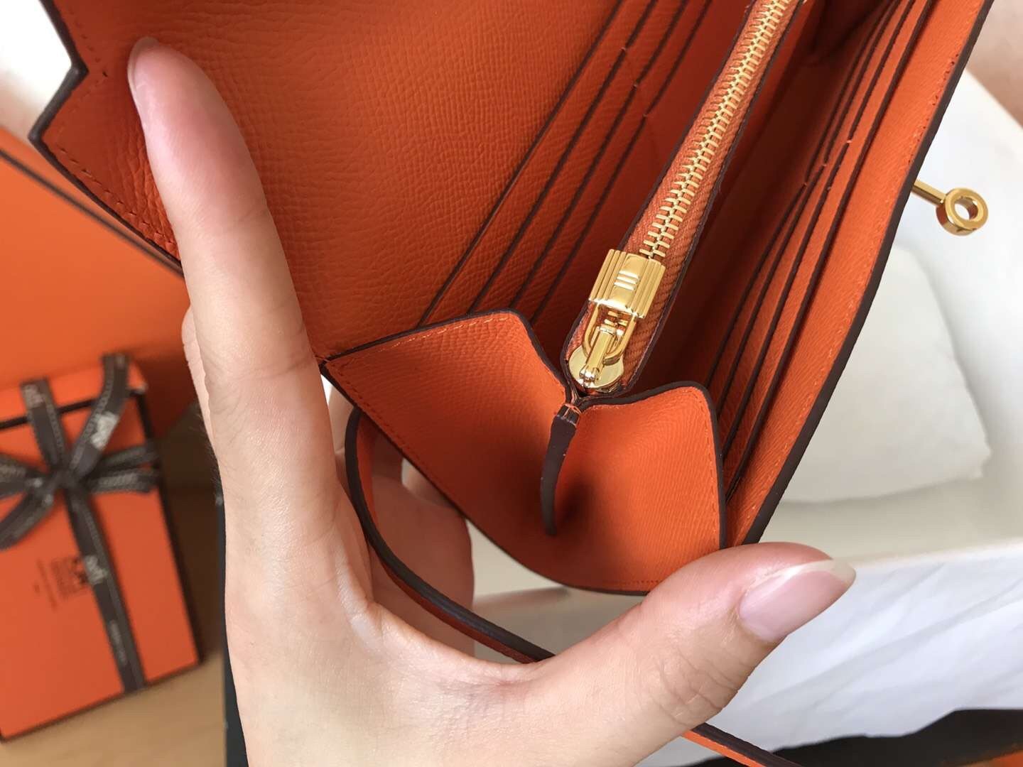 H**mes kelly classic long wallet in orange epsom leather