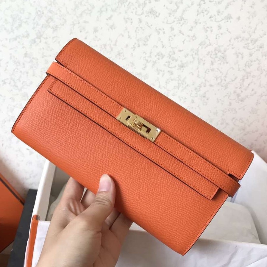 H**mes kelly classic long wallet in orange epsom leather
