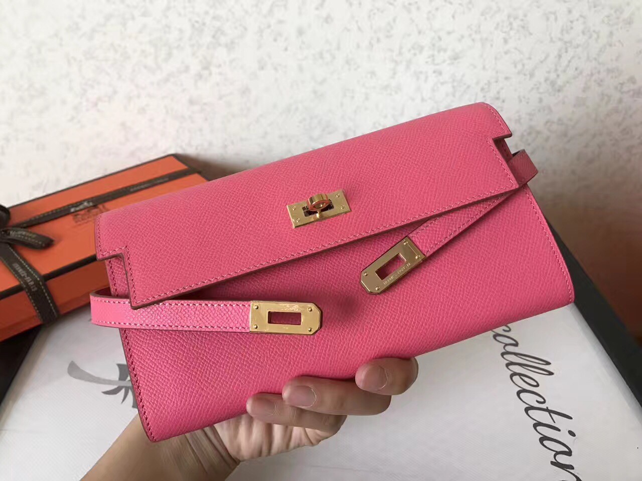 H**mes kelly classic long wallet in pink epsom leather
