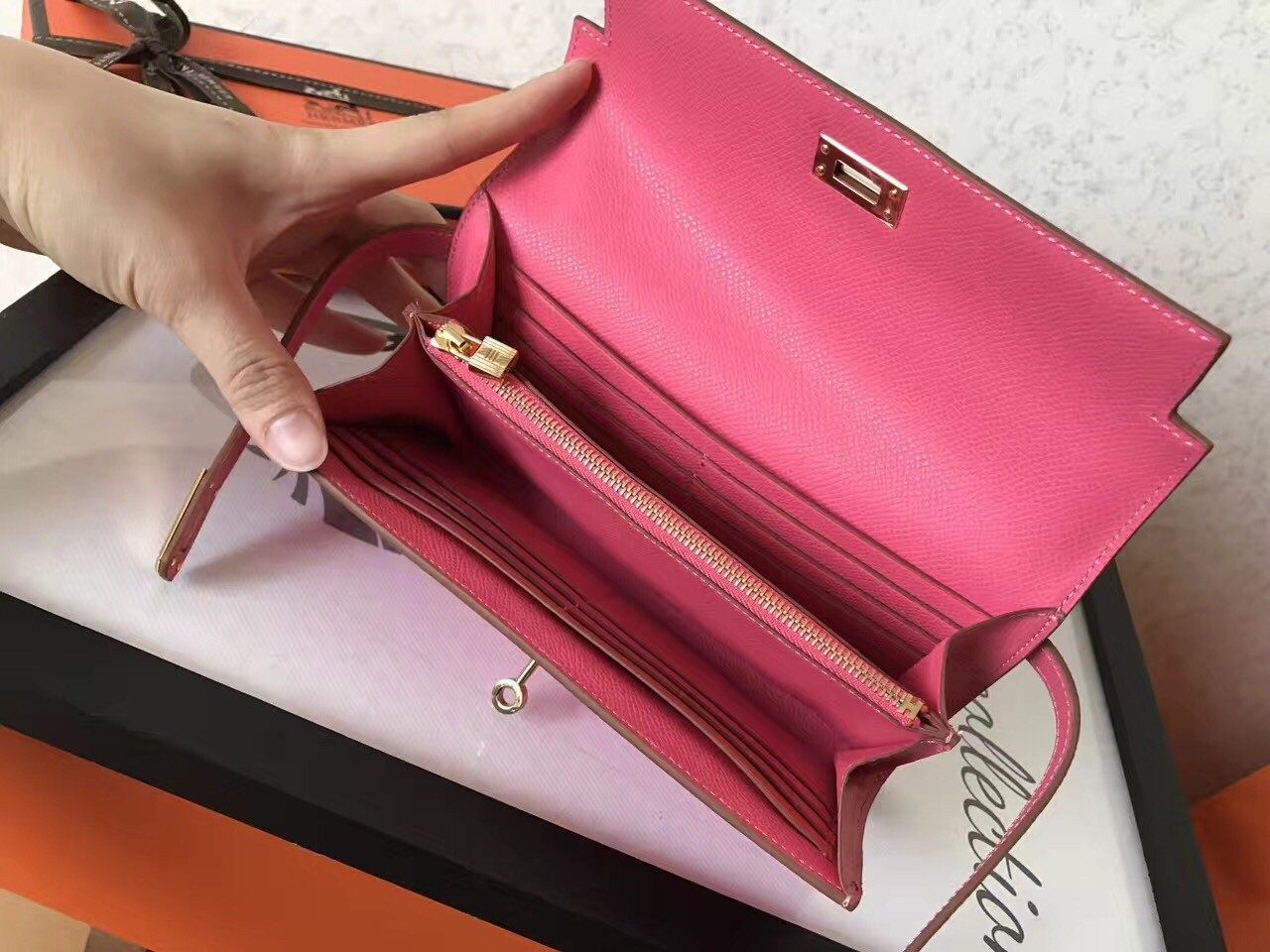 H**mes kelly classic long wallet in pink epsom leather