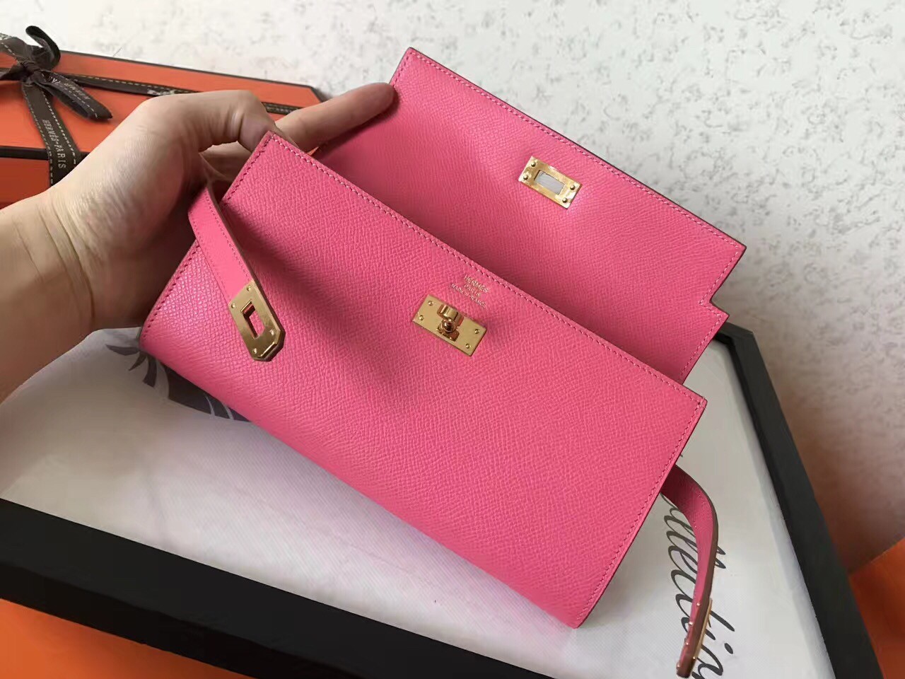 H**mes kelly classic long wallet in pink epsom leather