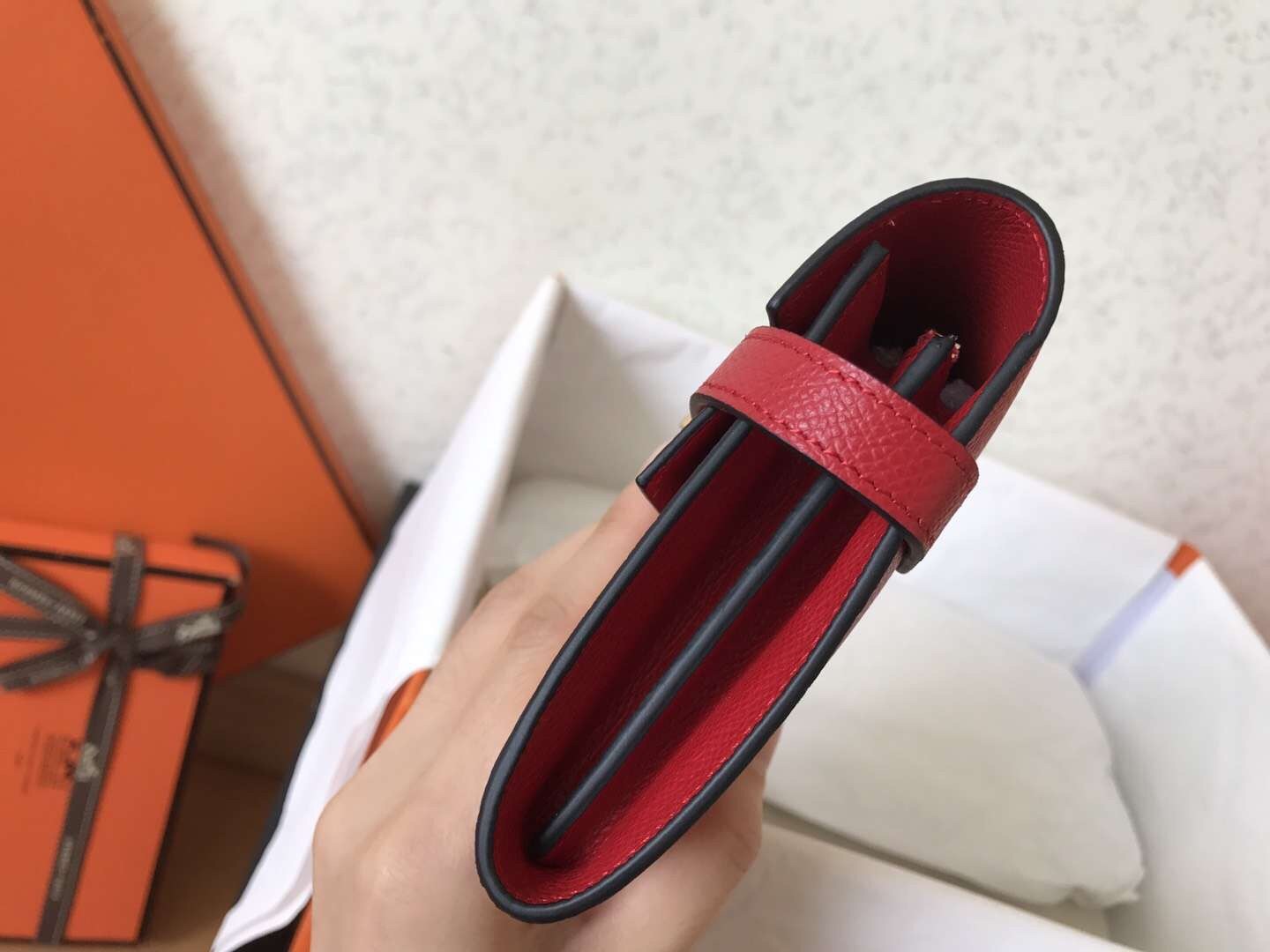 H**mes kelly classic long wallet in red epsom leather