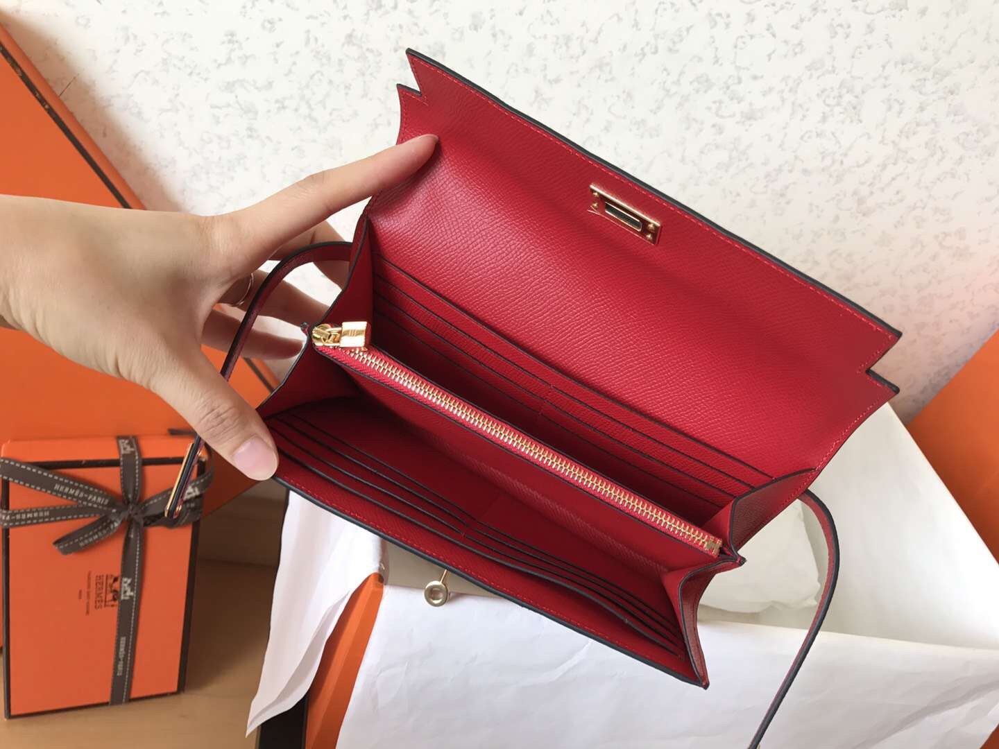H**mes kelly classic long wallet in red epsom leather