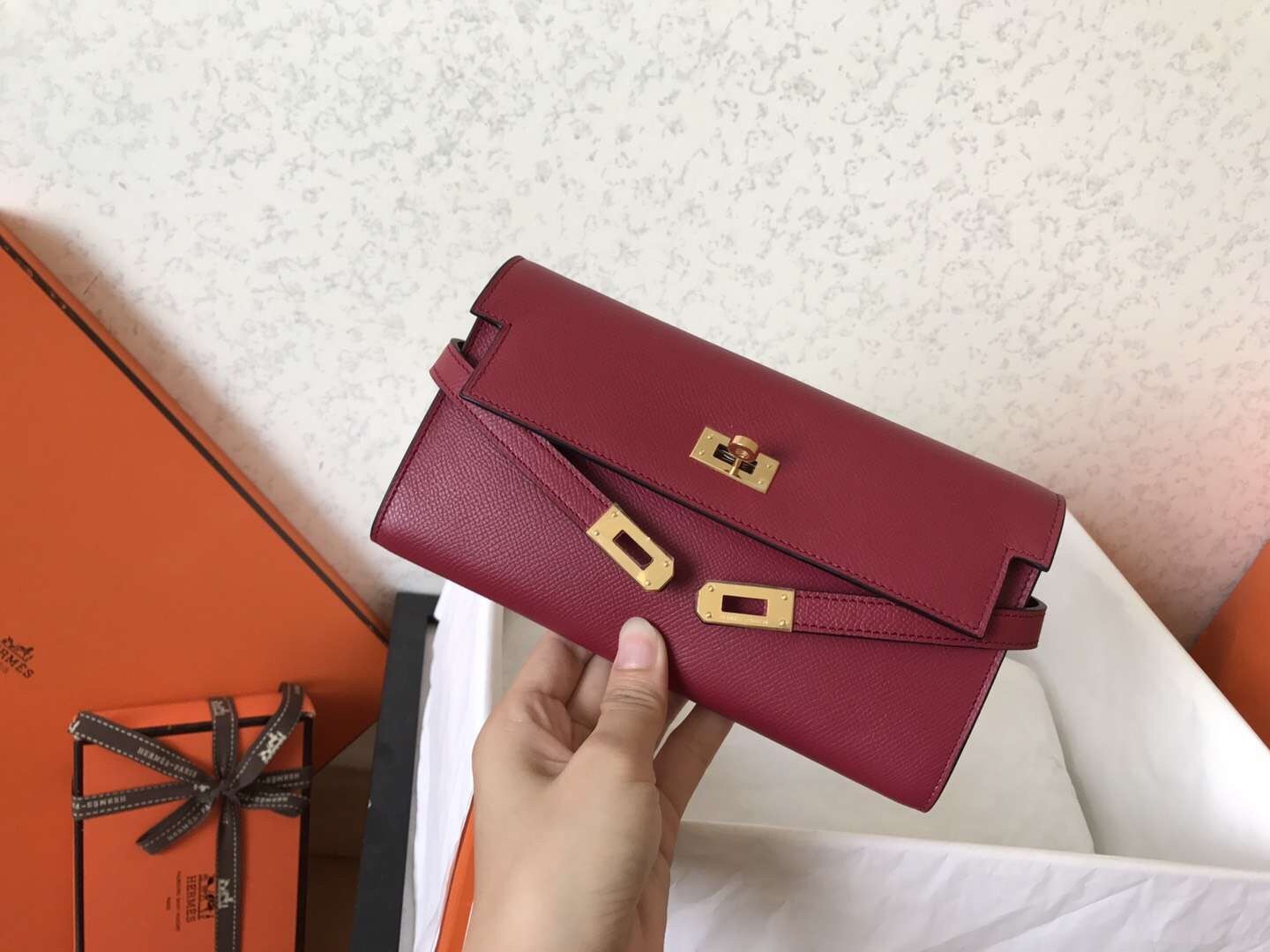 H**mes kelly classic long wallet in ruby epsom leather