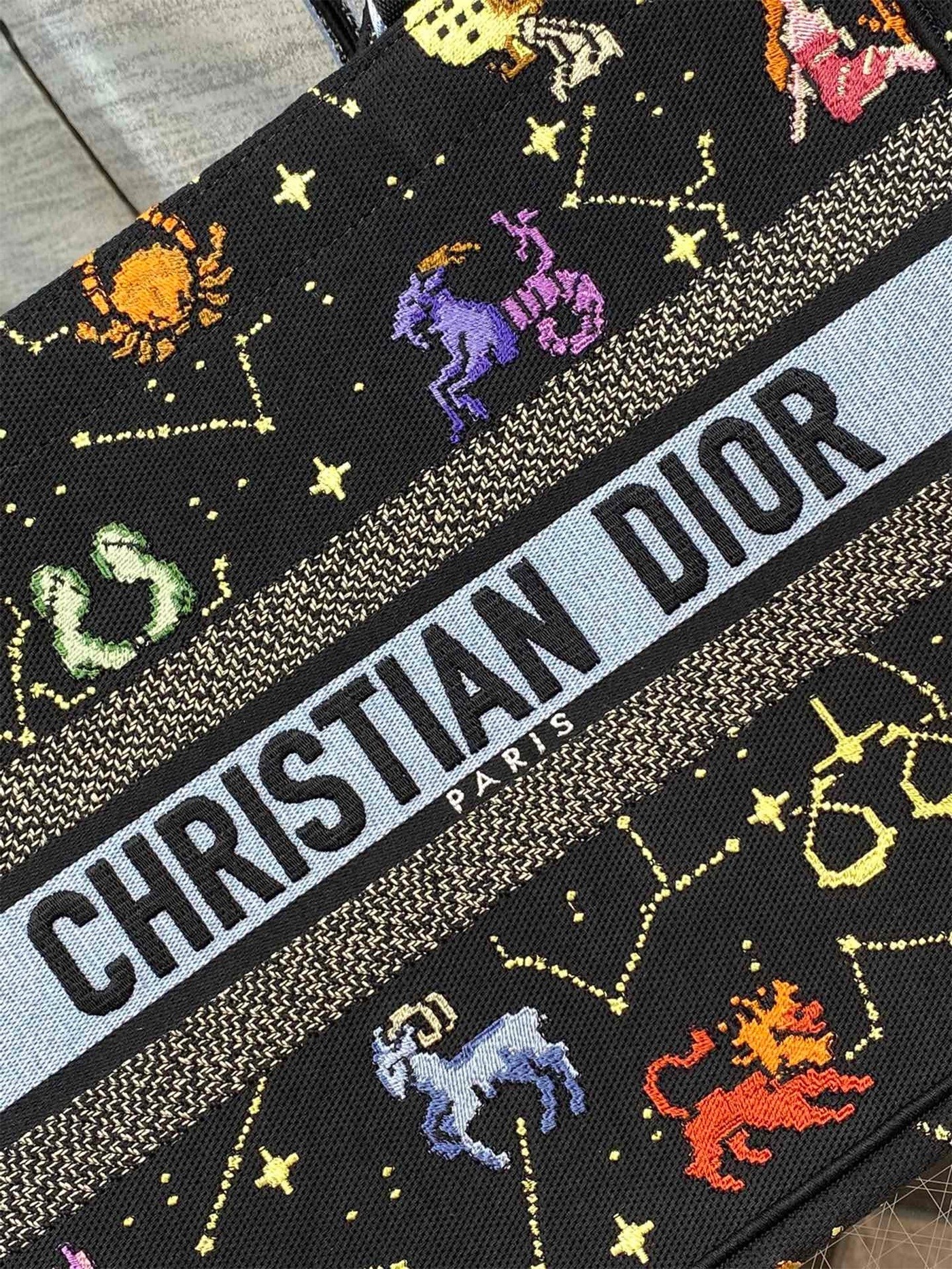 D*or medium book tote bag in black pixel zodiac embroidery