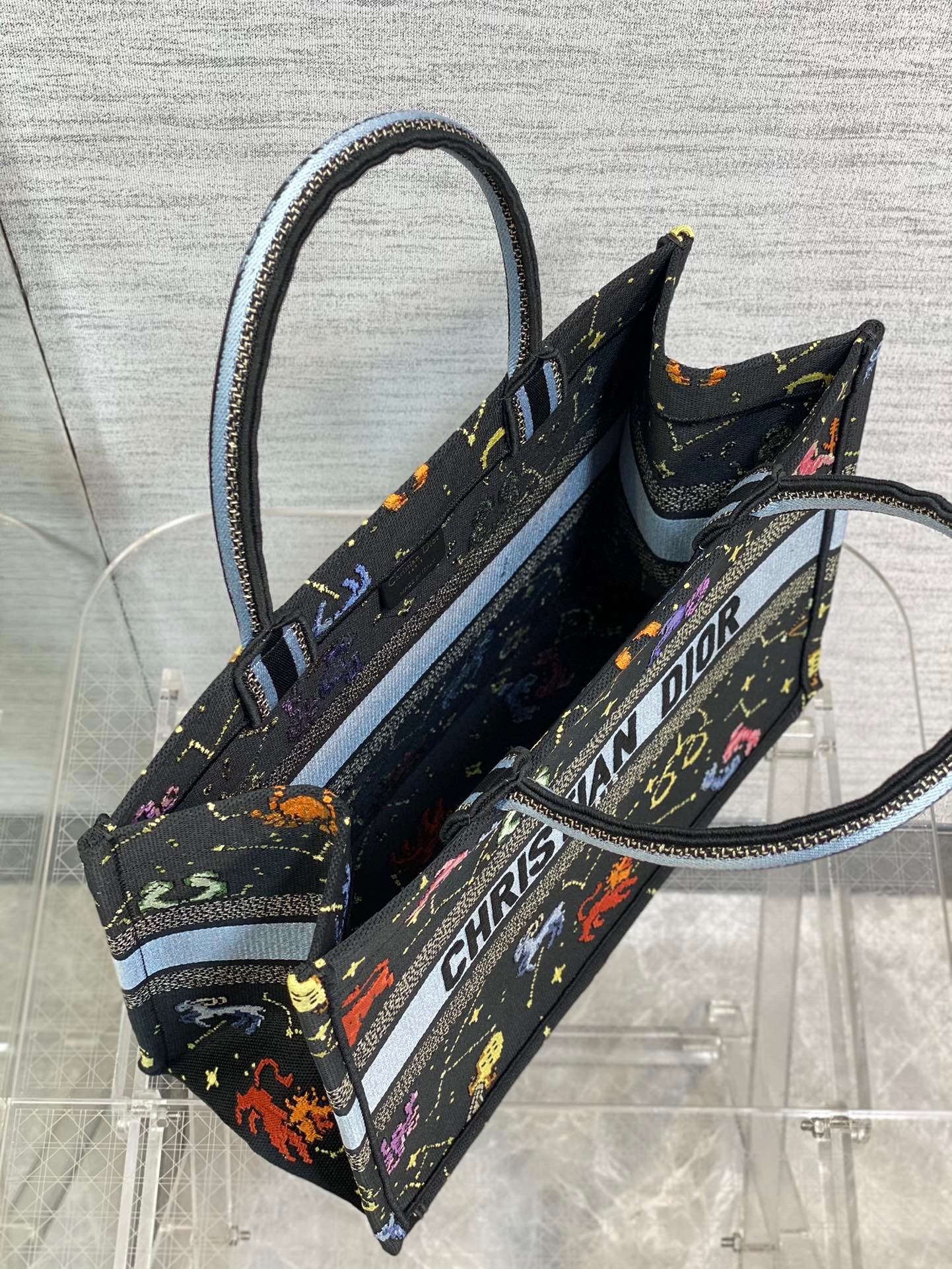 D*or medium book tote bag in black pixel zodiac embroidery