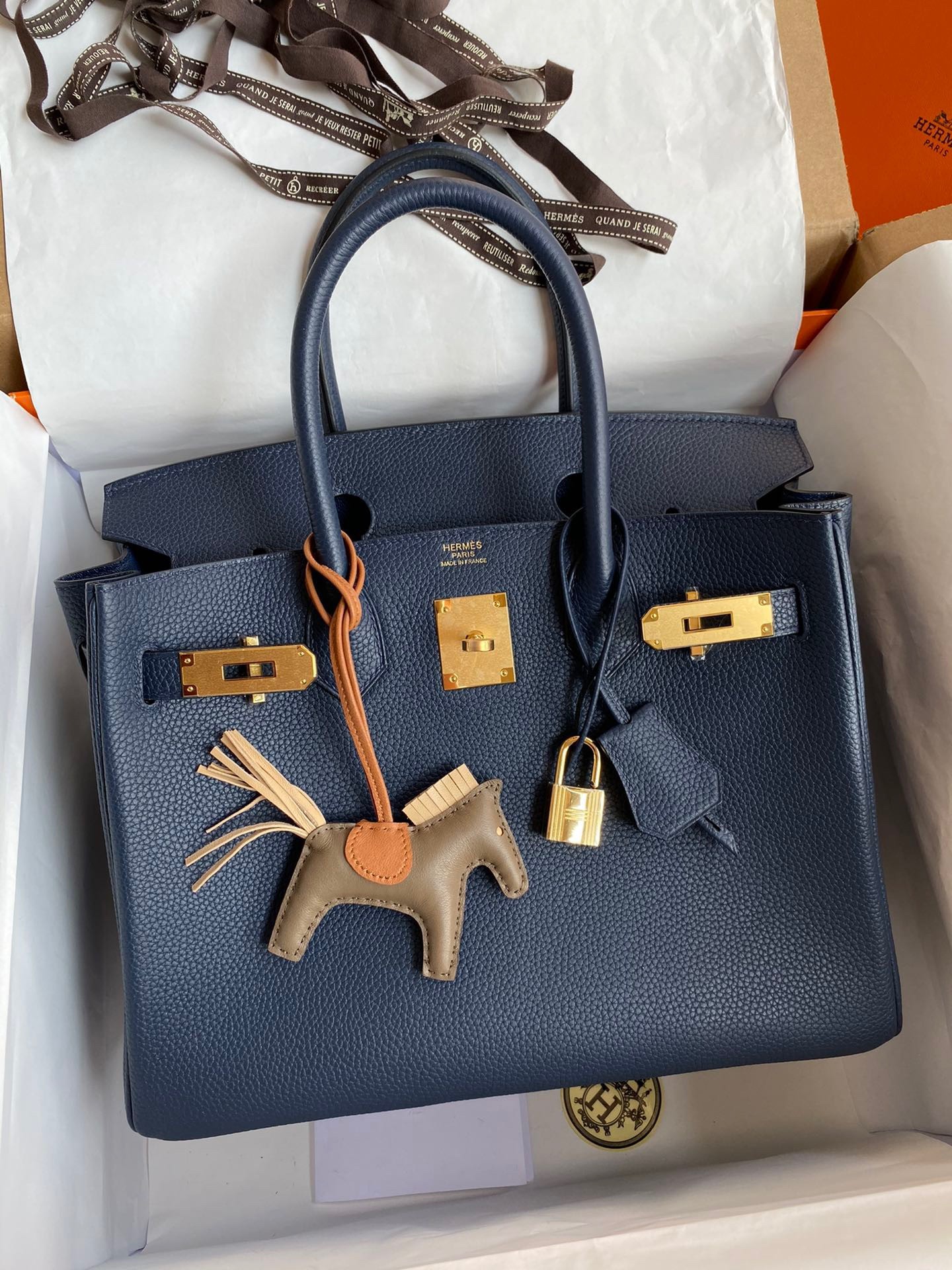 H**mes birkin 30 retourne handmade bag in blue saphir clemence leather