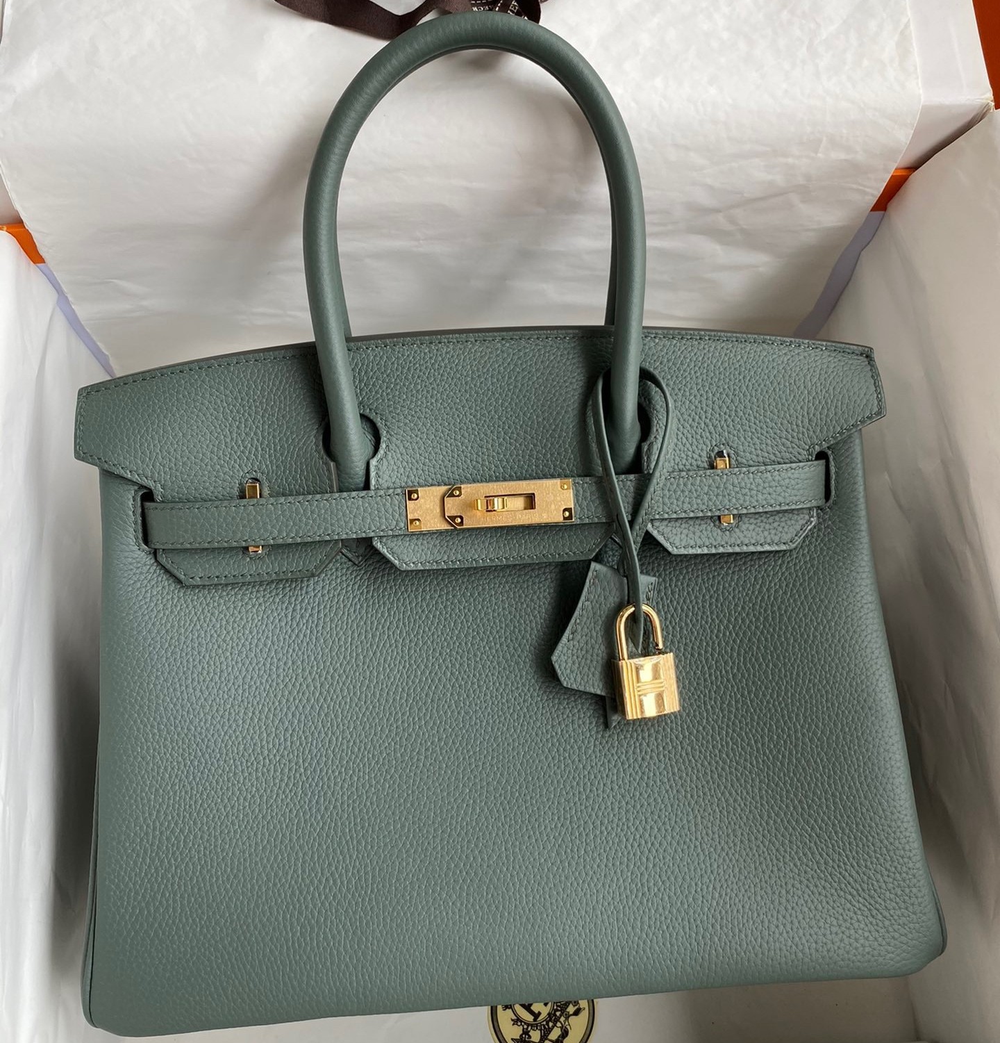 H**mes birkin 30 retourne handmade bag in vert amande clemence leather
