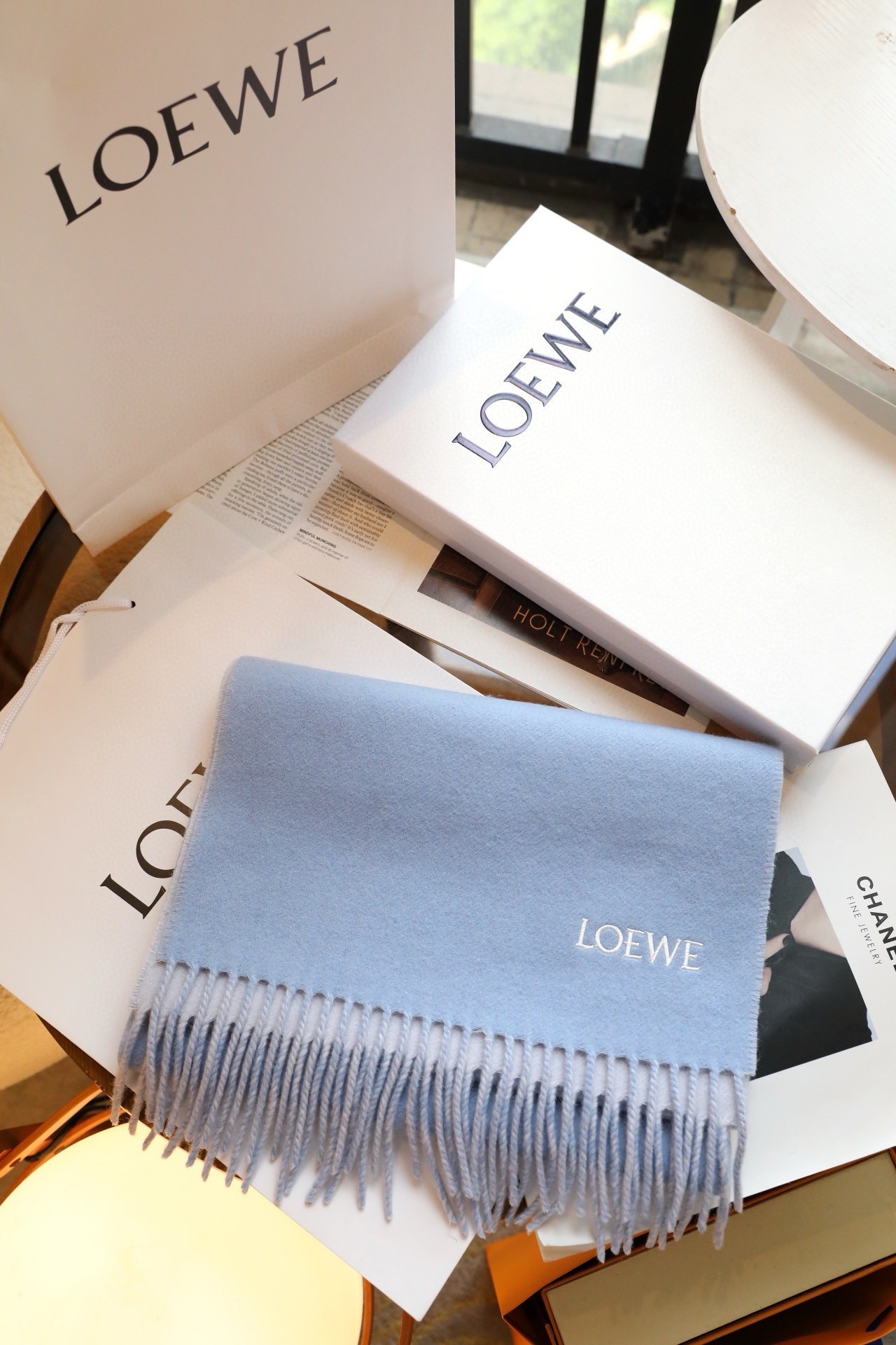 L0ew* anagram scarf in baby blue wool and cashmere