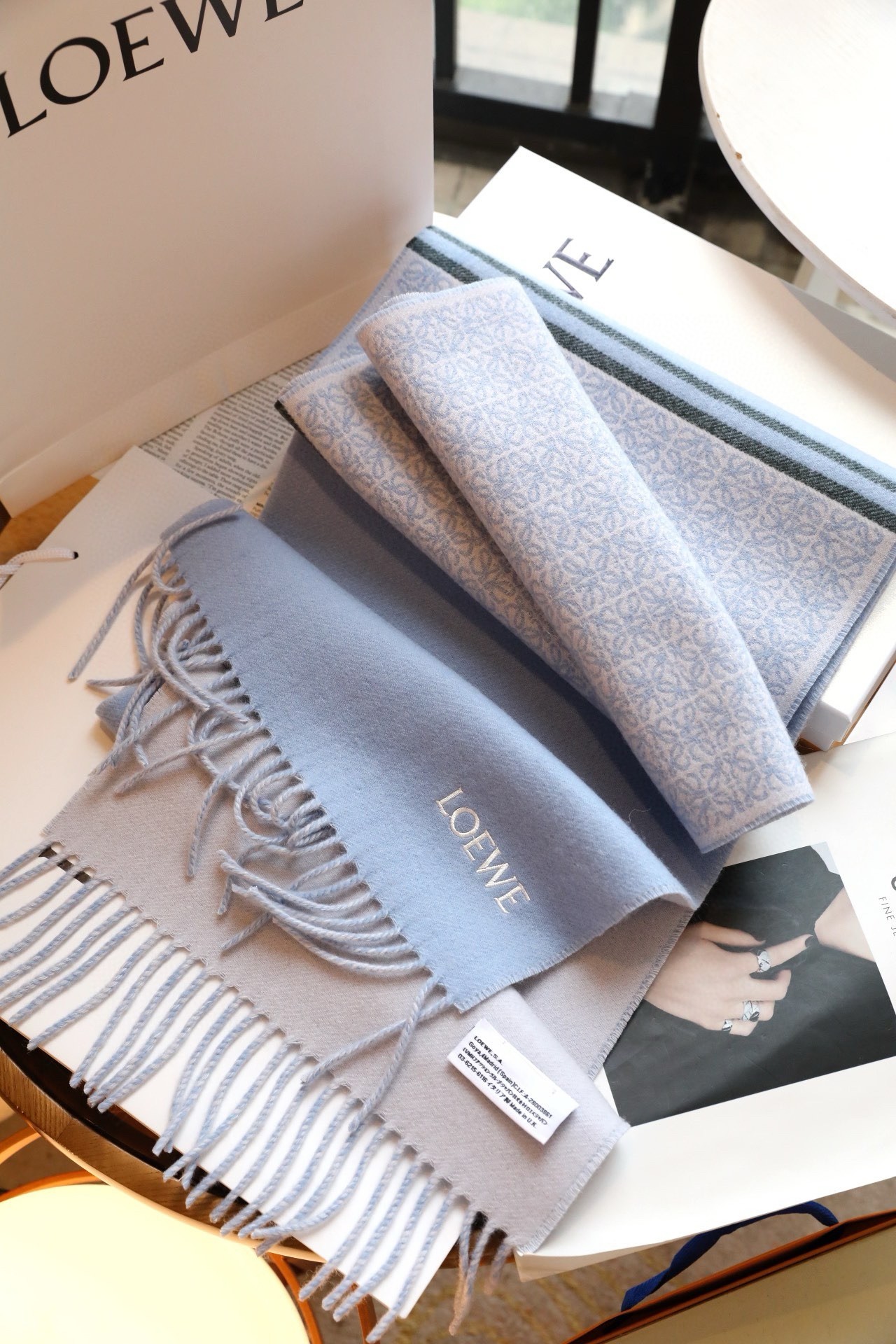 L0ew* anagram scarf in baby blue wool and cashmere