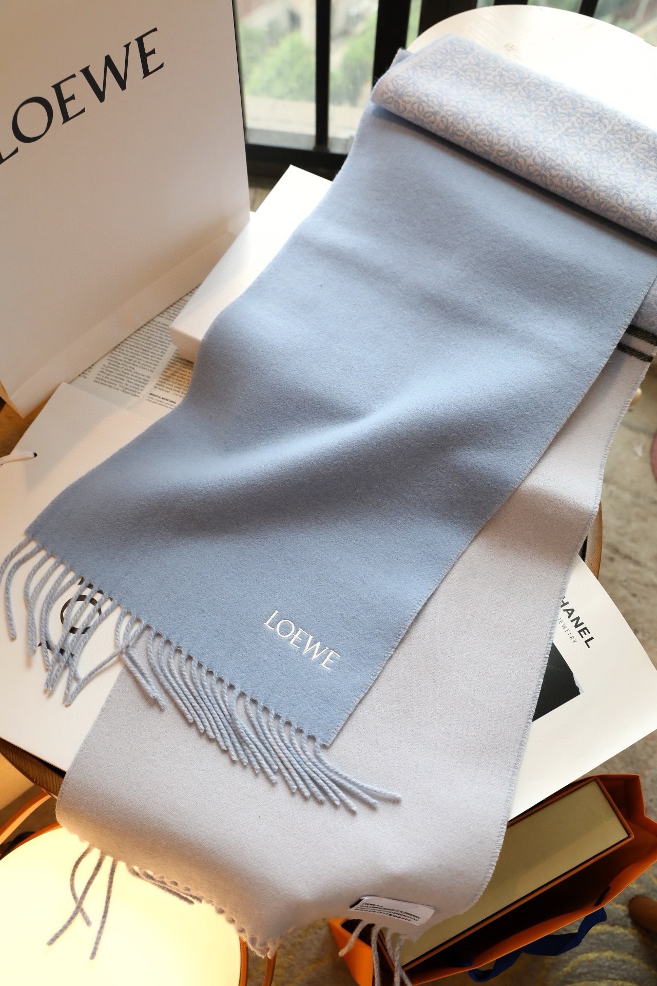 L0ew* anagram scarf in baby blue wool and cashmere