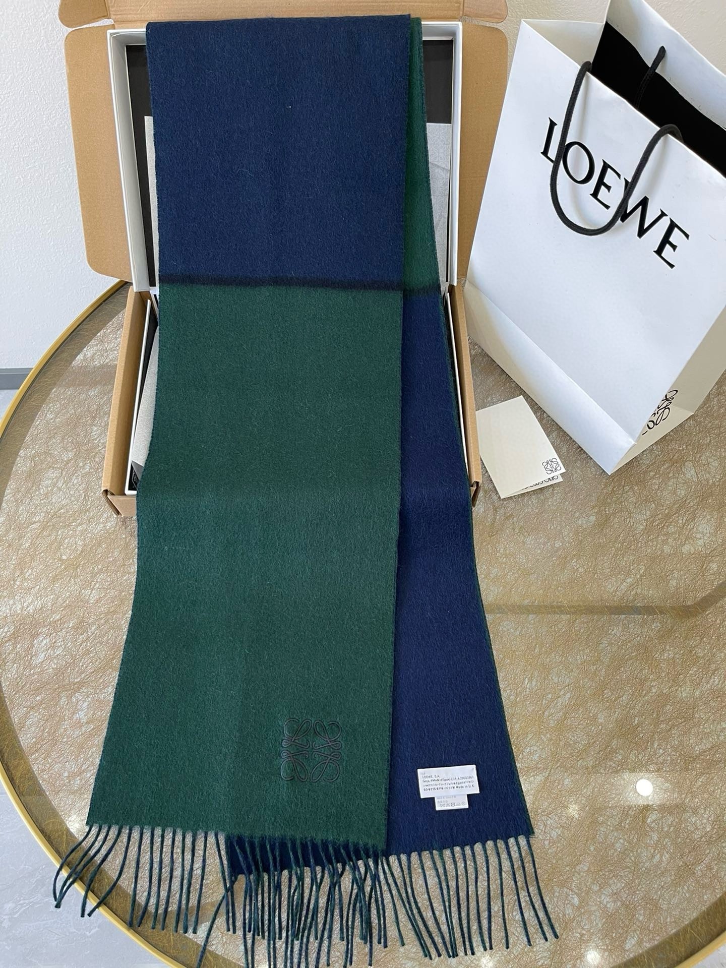 L0ew* window scarf in green/blue wool and cashmere