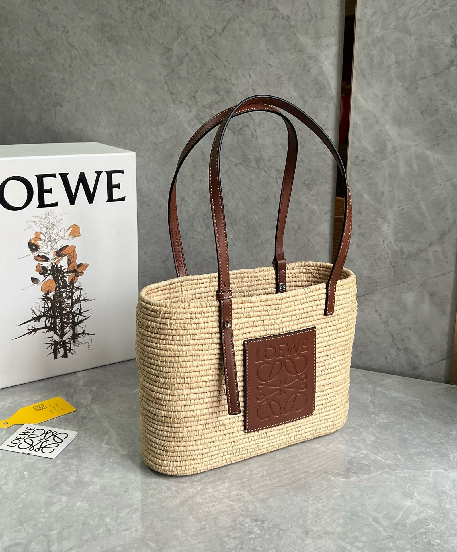 L0ew* small square basket bag in raffia and brown calfskin