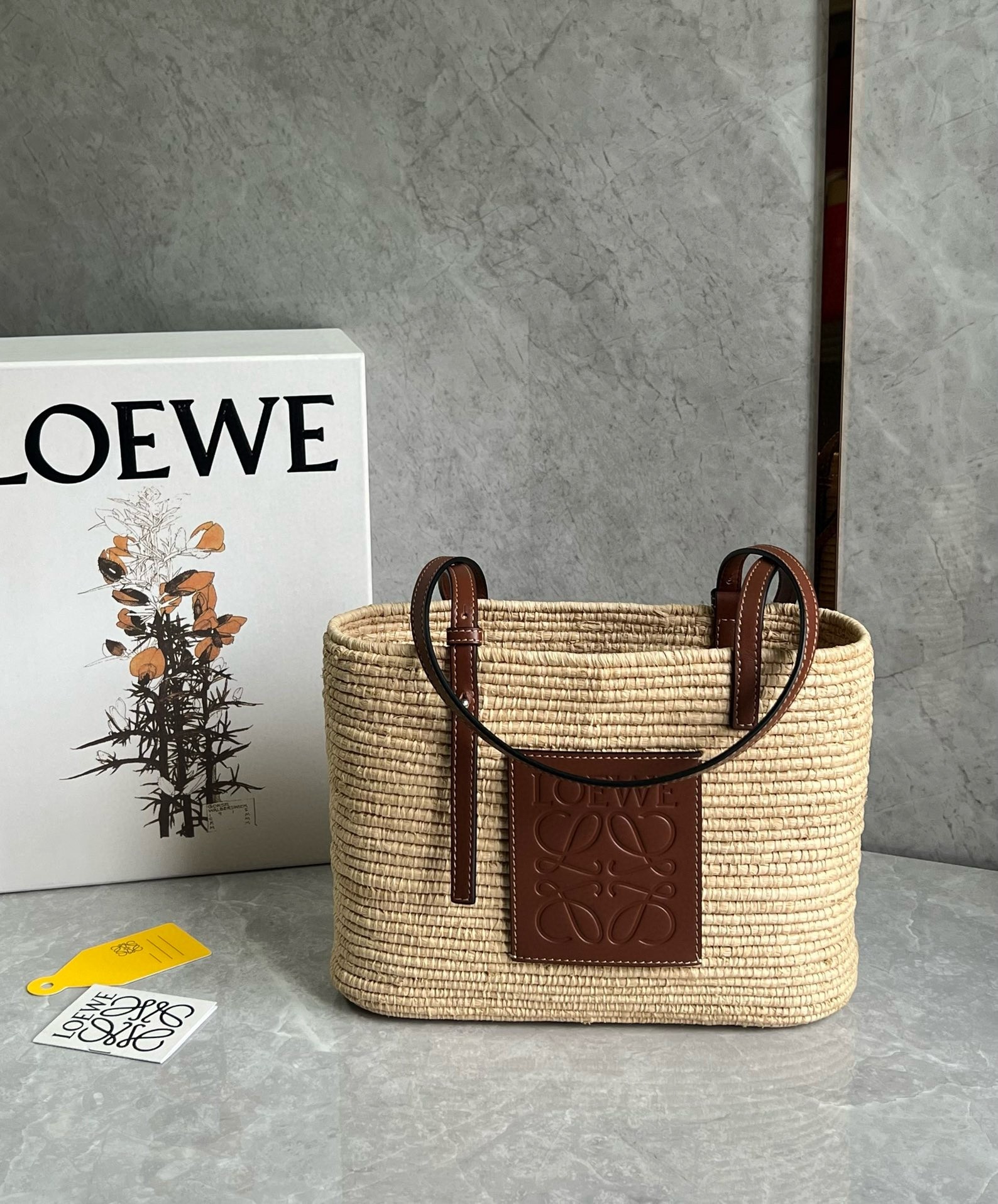 L0ew* small square basket bag in raffia and brown calfskin