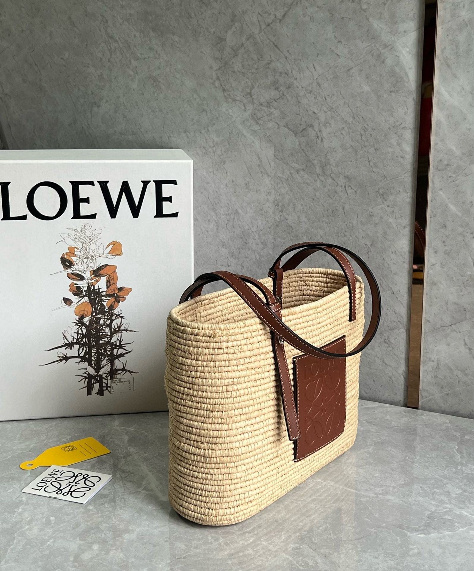 L0ew* small square basket bag in raffia and brown calfskin