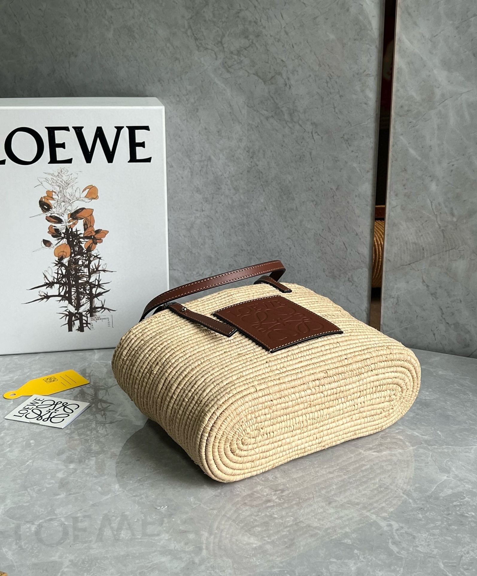 L0ew* small square basket bag in raffia and brown calfskin