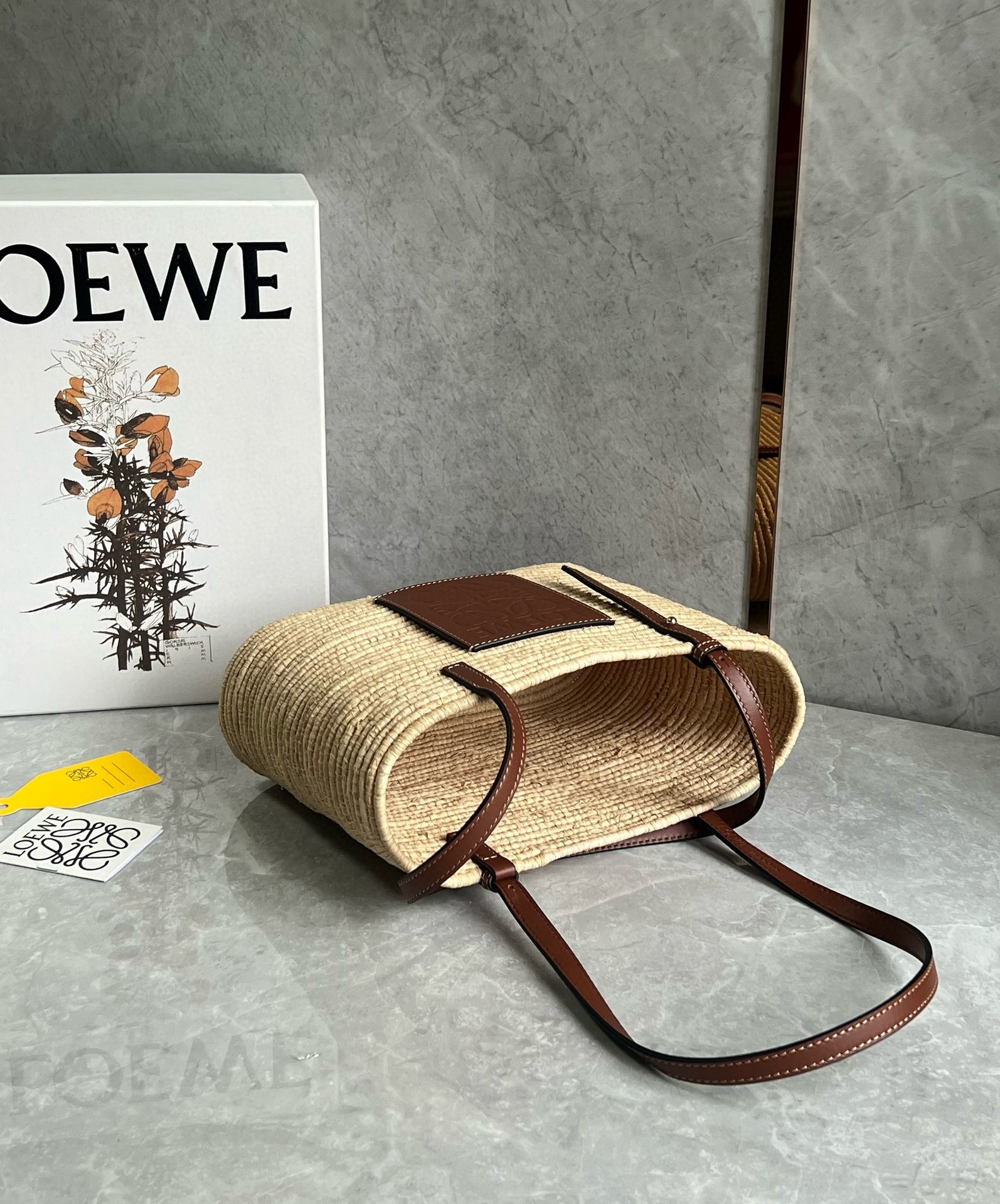 L0ew* small square basket bag in raffia and brown calfskin