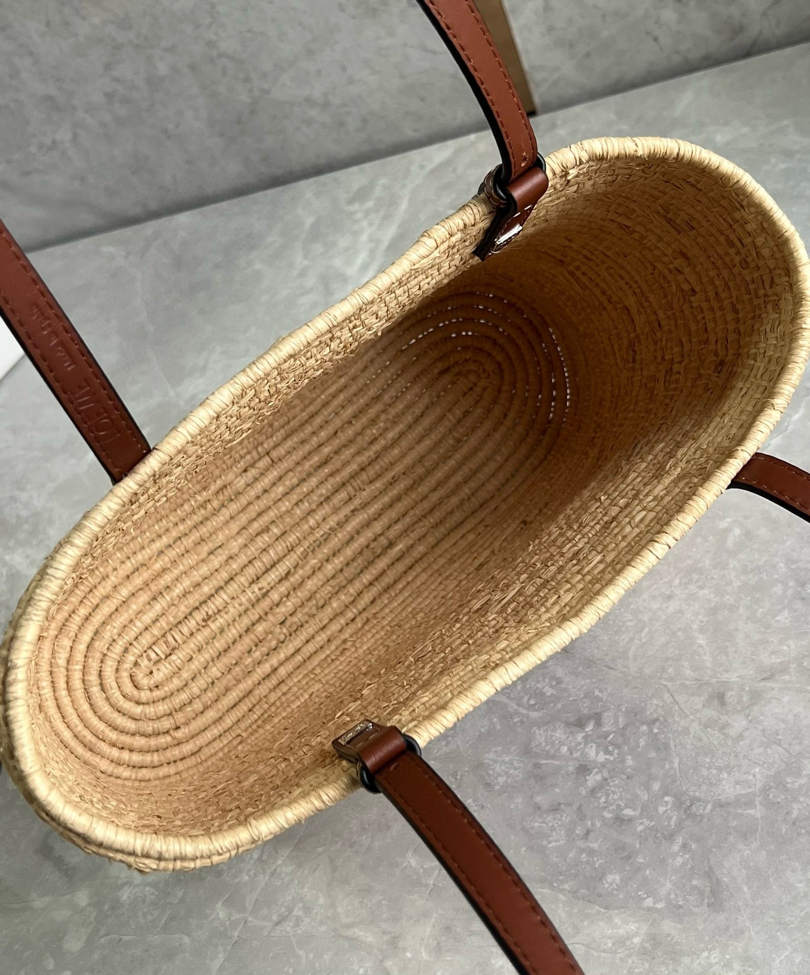 L0ew* small square basket bag in raffia and brown calfskin