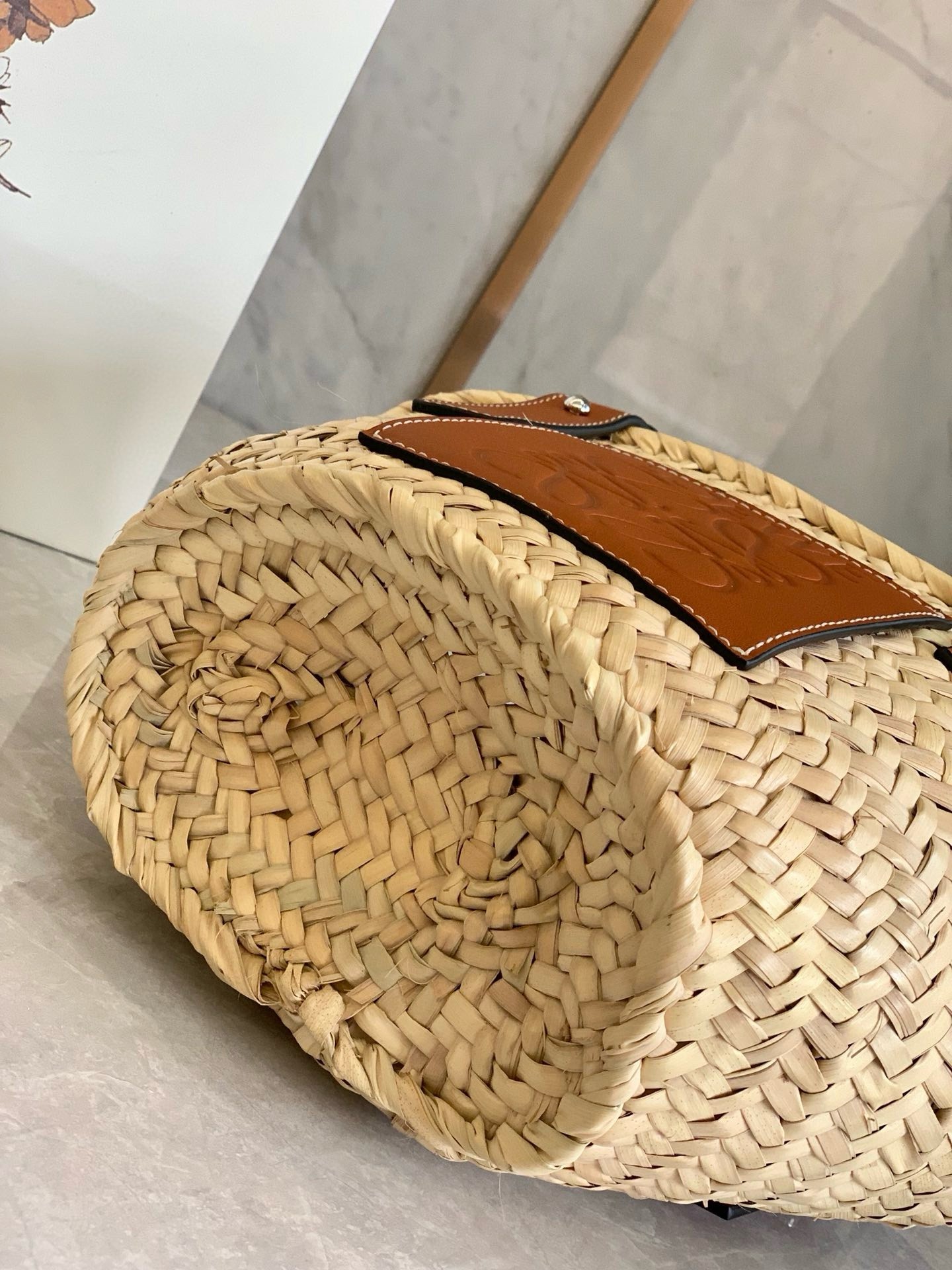 L0ew* small basket bag in raffia and brown calfskin