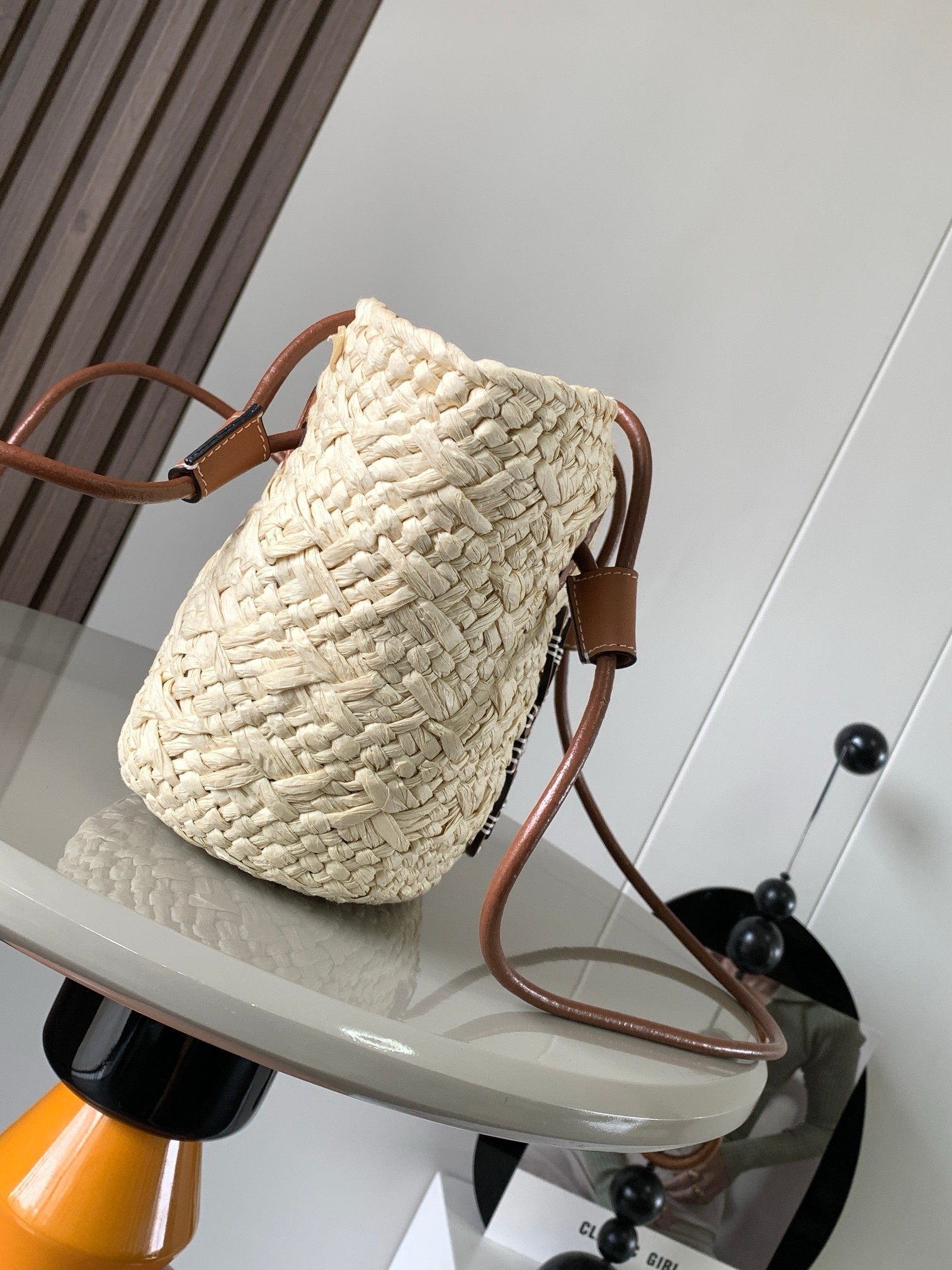 L0ew* small anagram basket bag in iraca palm and brown calfskin