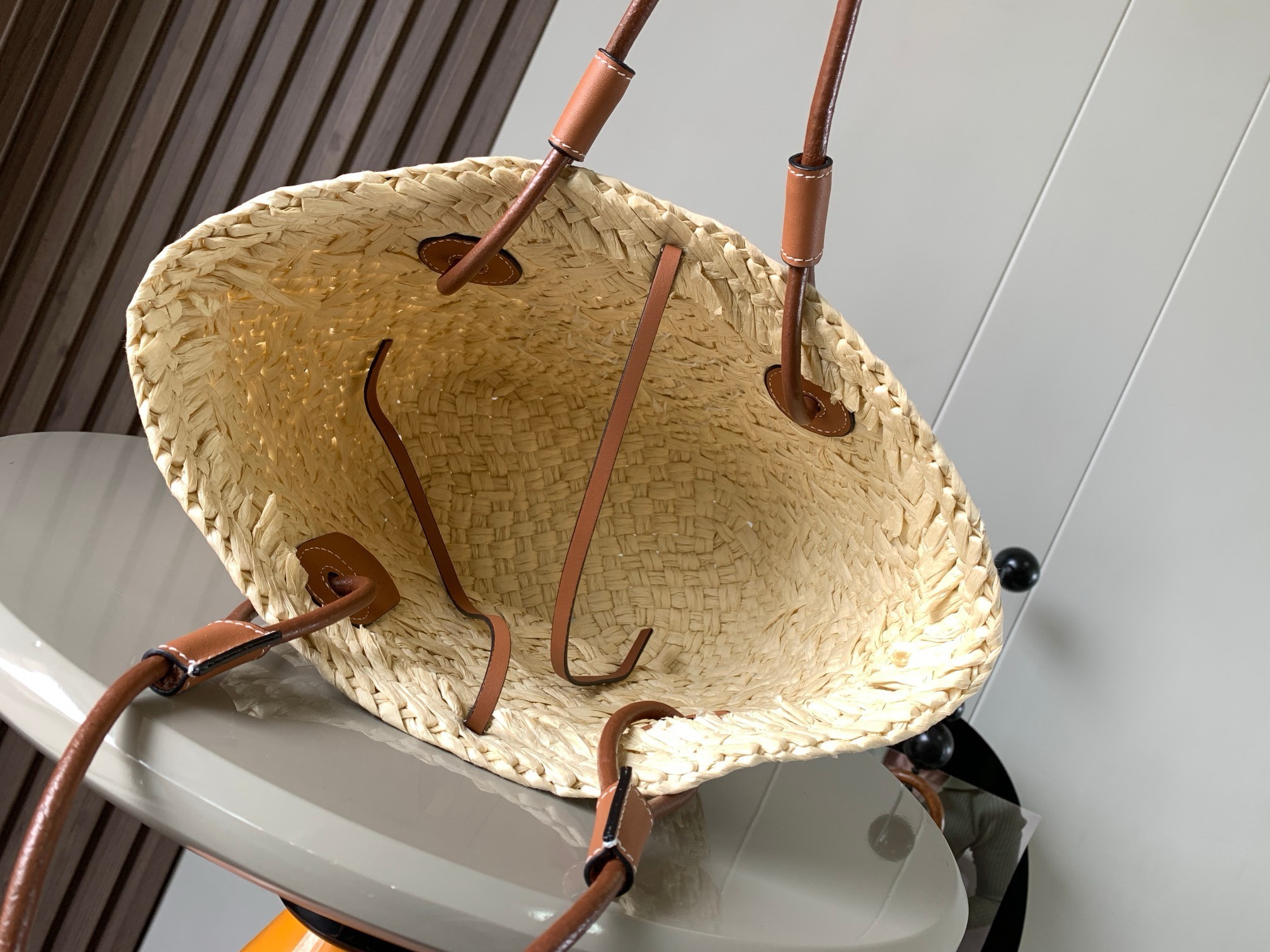 L0ew* small anagram basket bag in iraca palm and brown calfskin