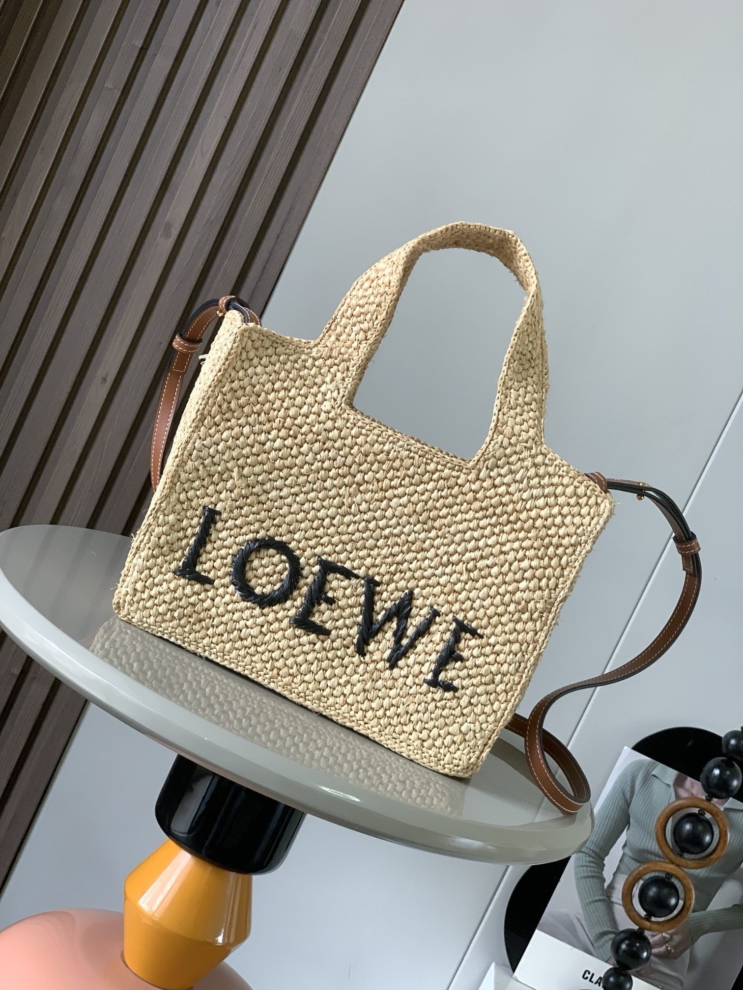 L0ew* small L0ew* font tote in natural raffia