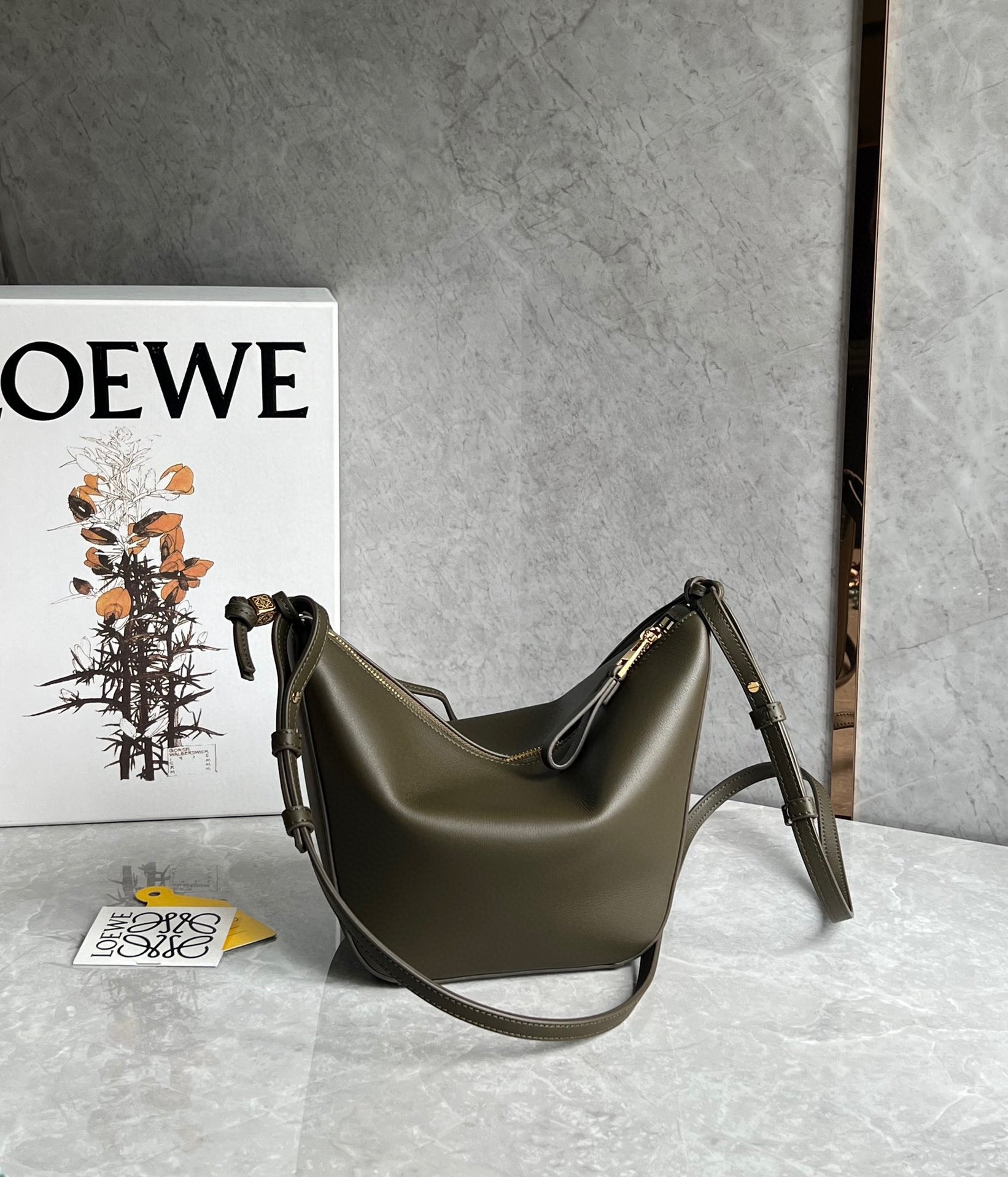 L0ew* mini hammock hobo bag in dark green calfskin