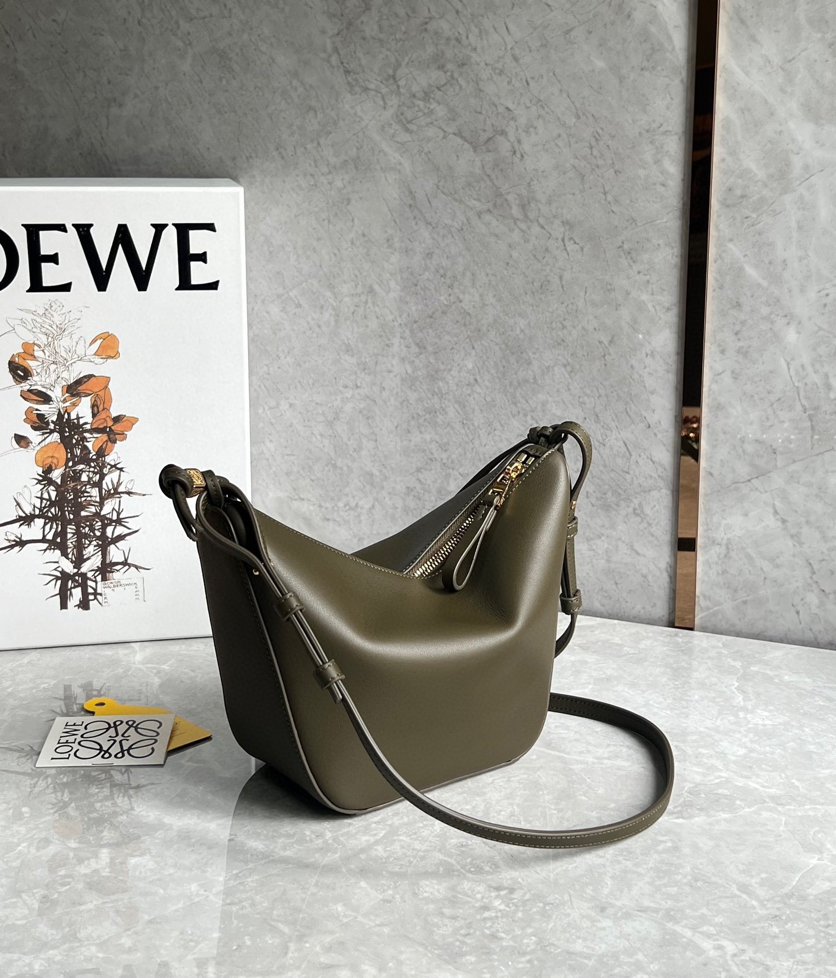 L0ew* mini hammock hobo bag in dark green calfskin