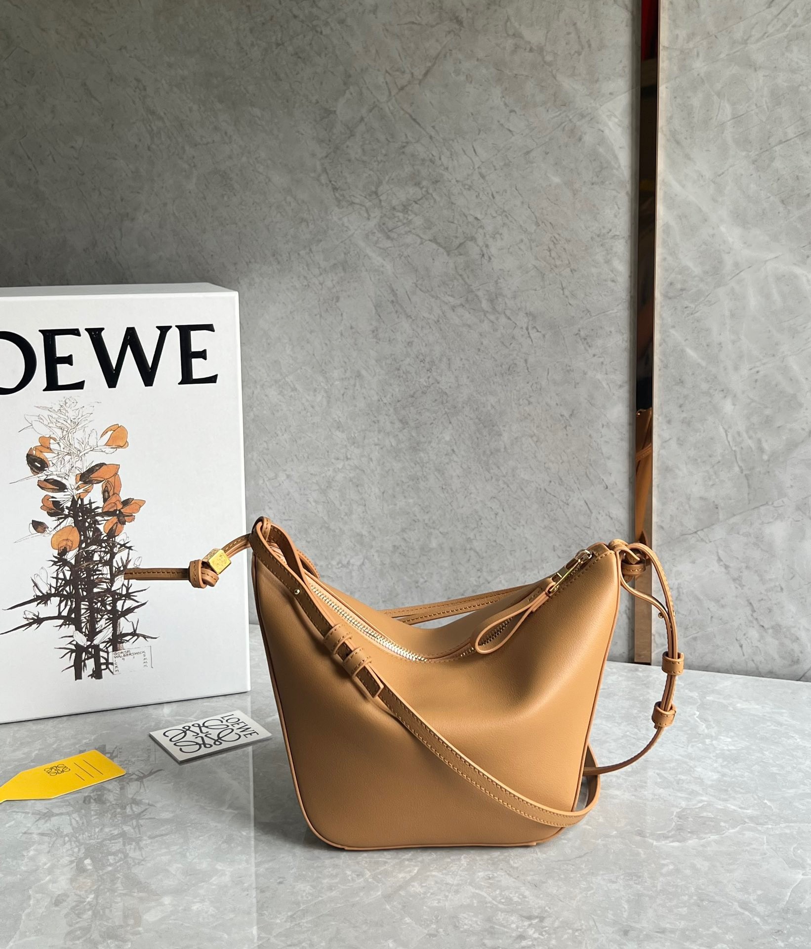 L0ew* mini hammock hobo bag in light brown calfskin