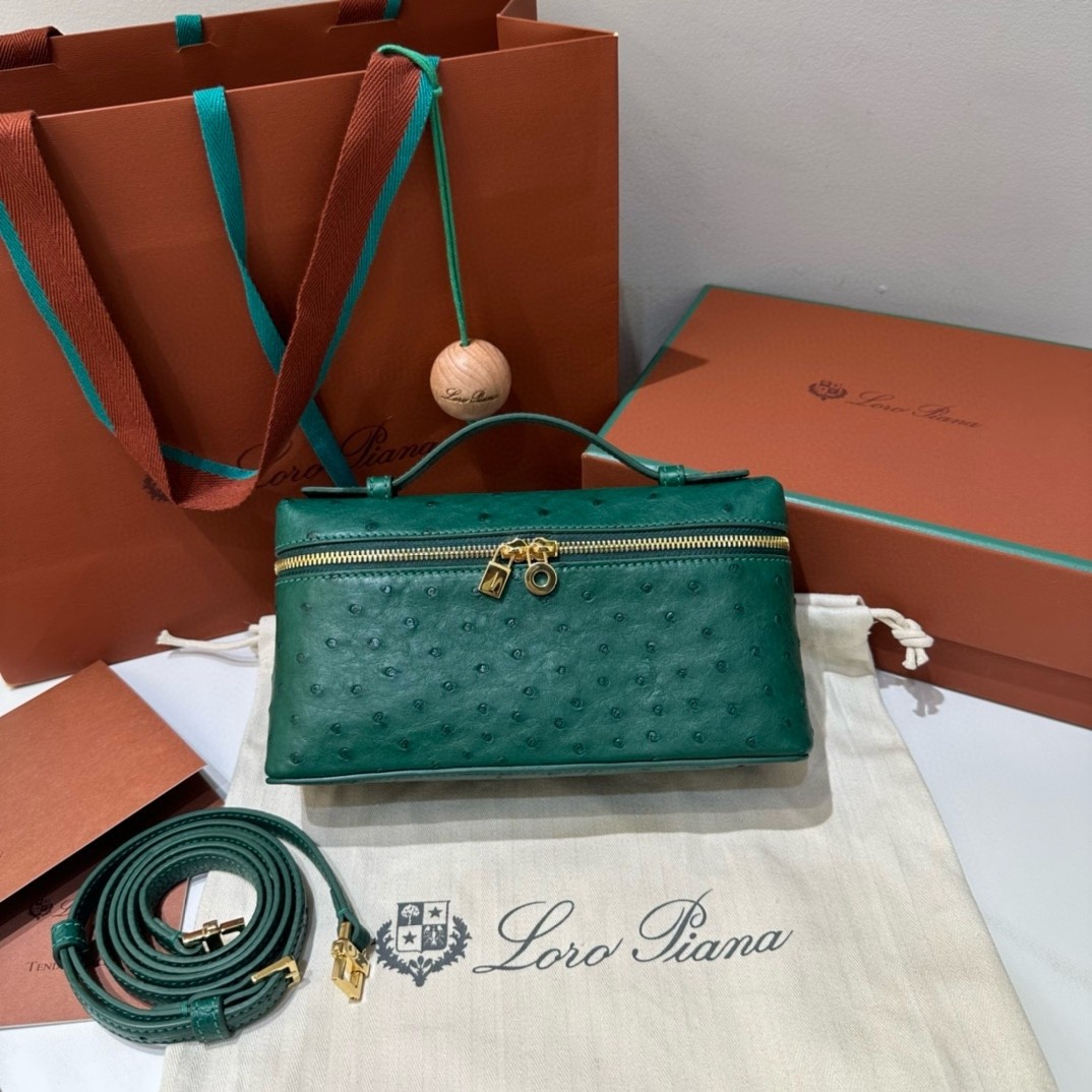 L**o p*ana extra pocket pouch l19 in green ostrich-embossed leather