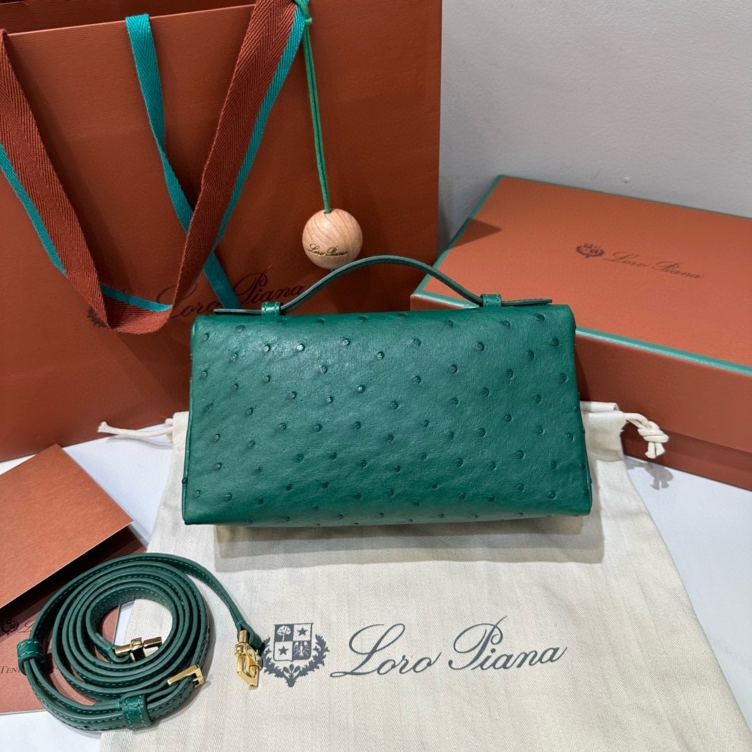 L**o p*ana extra pocket pouch l19 in green ostrich-embossed leather