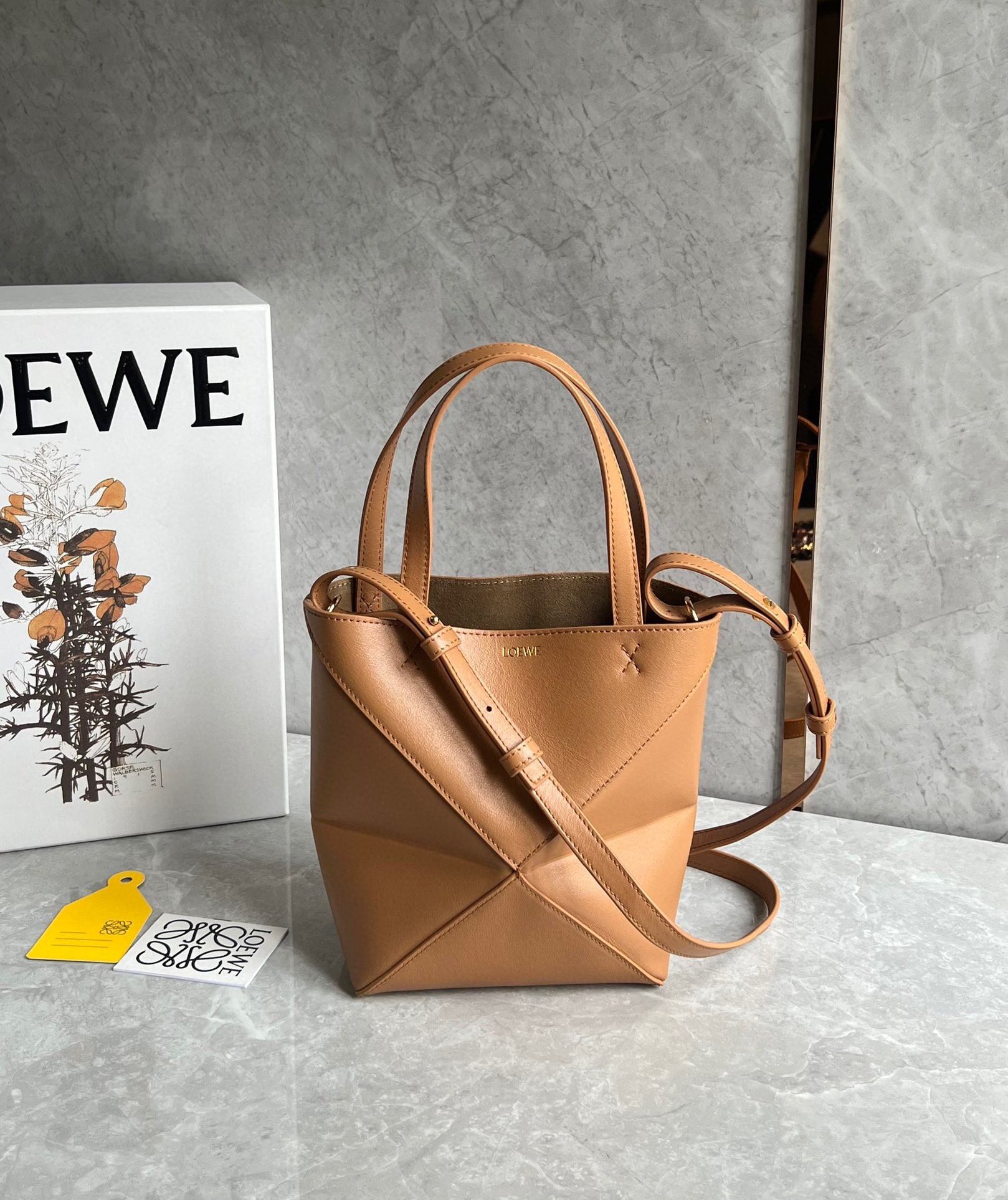 L0ew* mini puzzle fold tote bag in tan calfskin