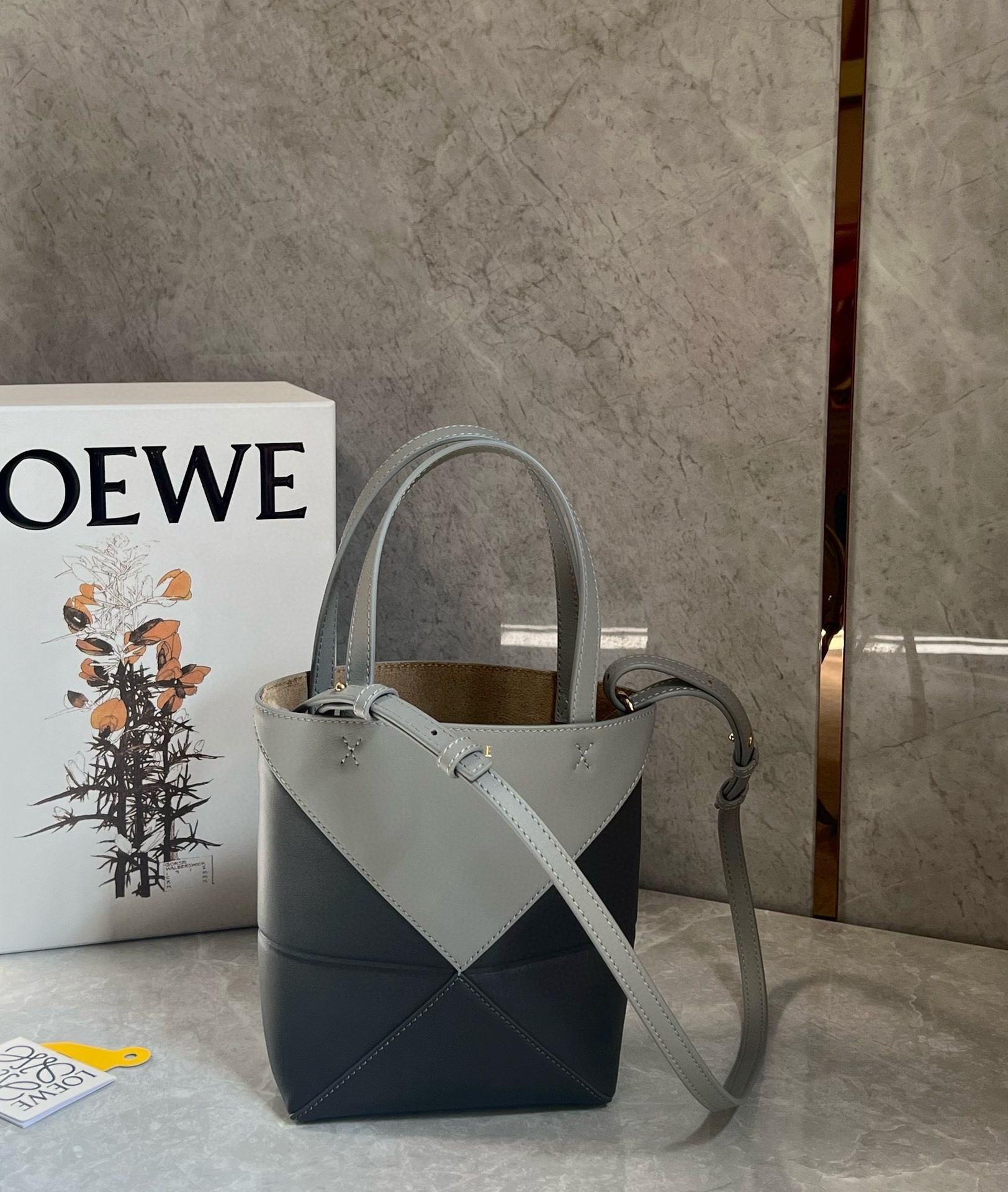 L0ew* mini puzzle fold tote bag in grey/dark grey calfskin