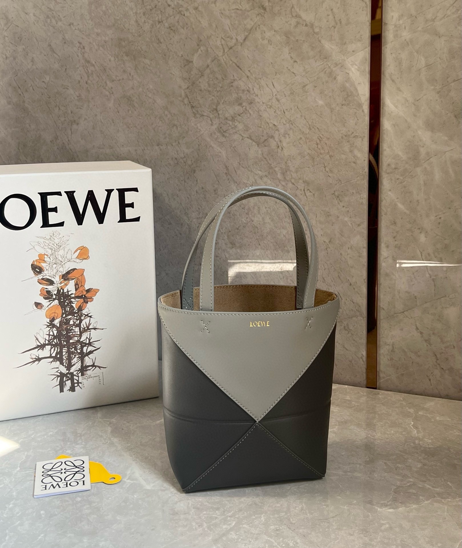 L0ew* mini puzzle fold tote bag in grey/dark grey calfskin